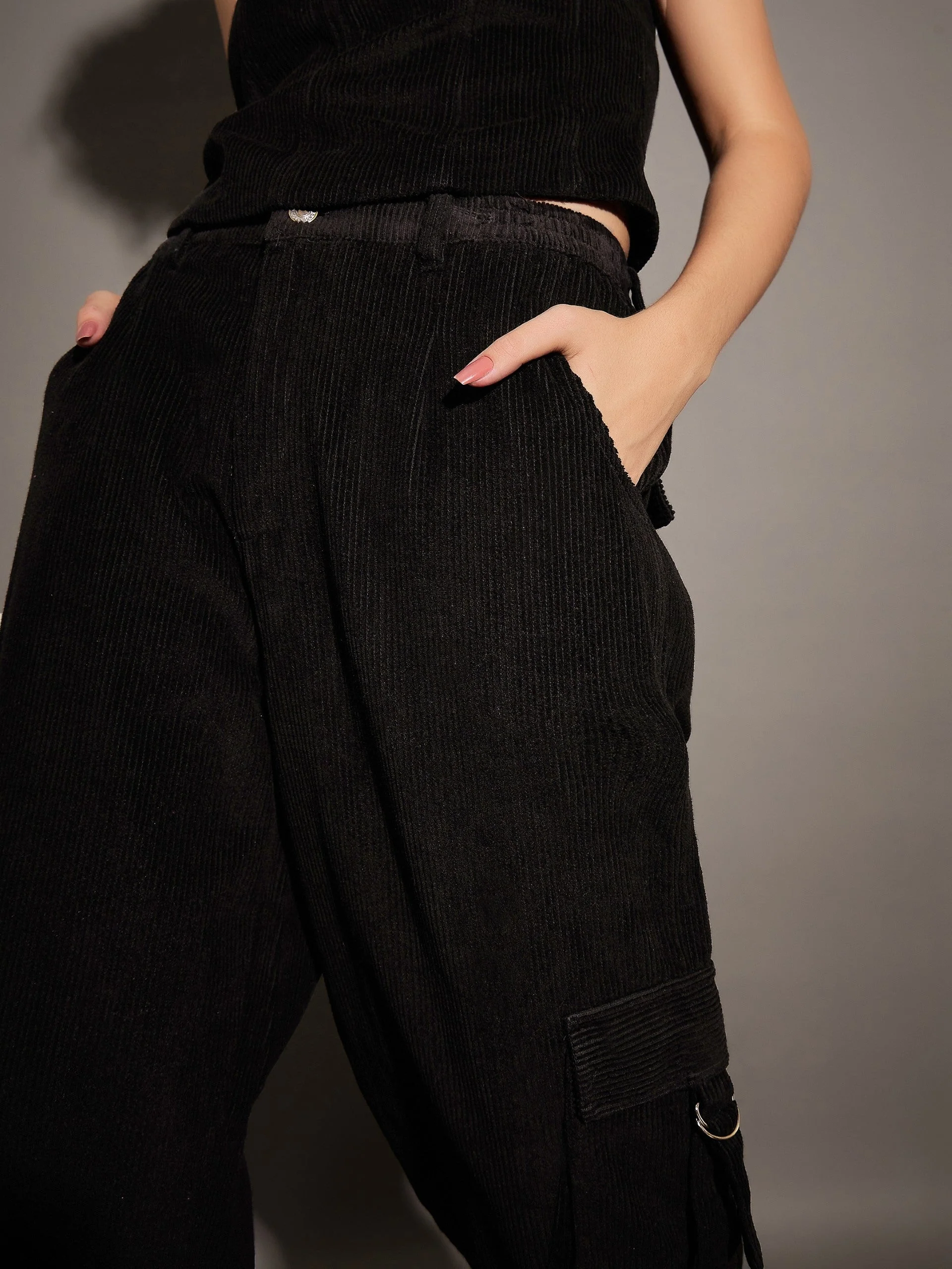 Women Black Corduroy Multi Pocket Cargo Pants - Image 4