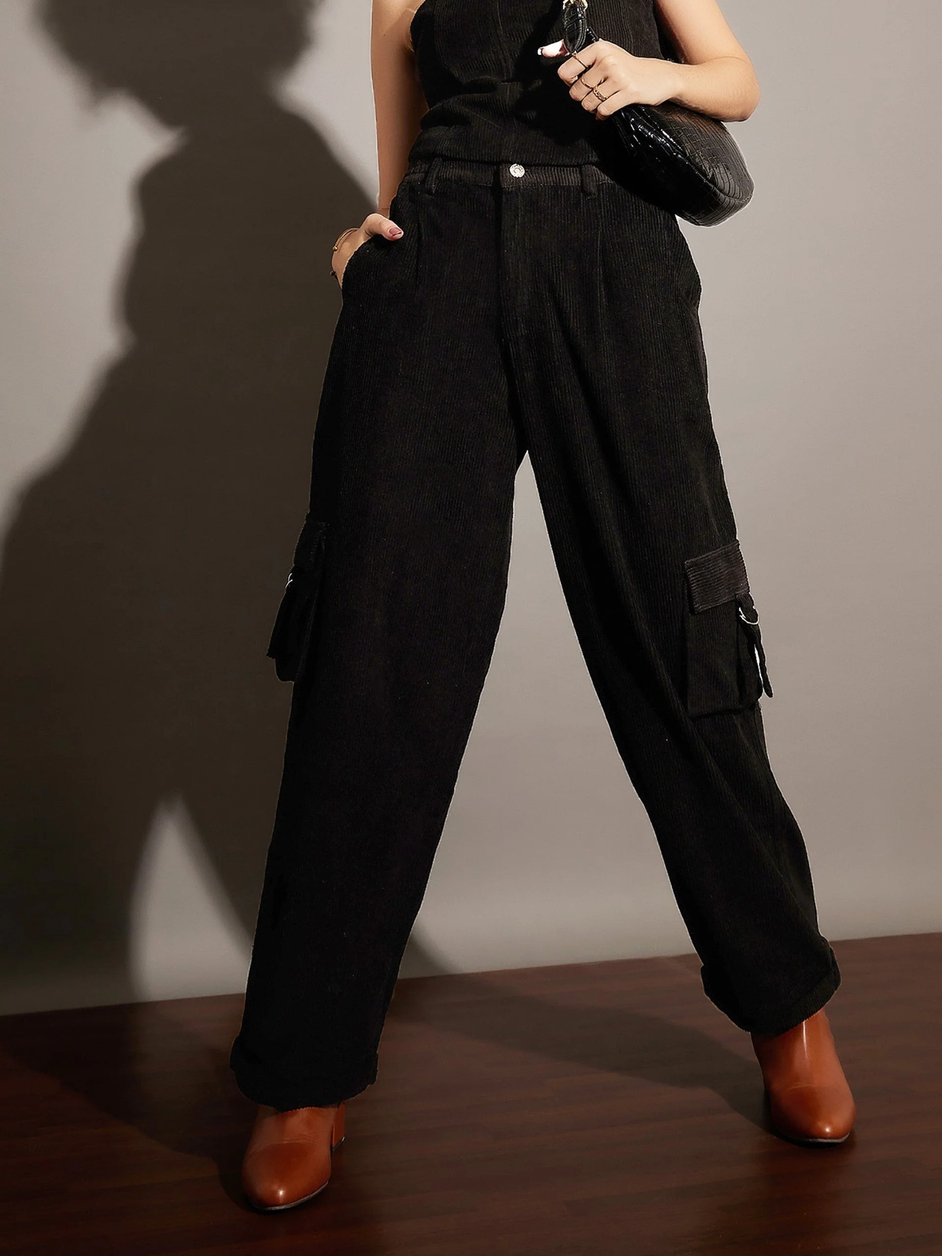 Women Black Corduroy Multi Pocket Cargo Pants - Image 5