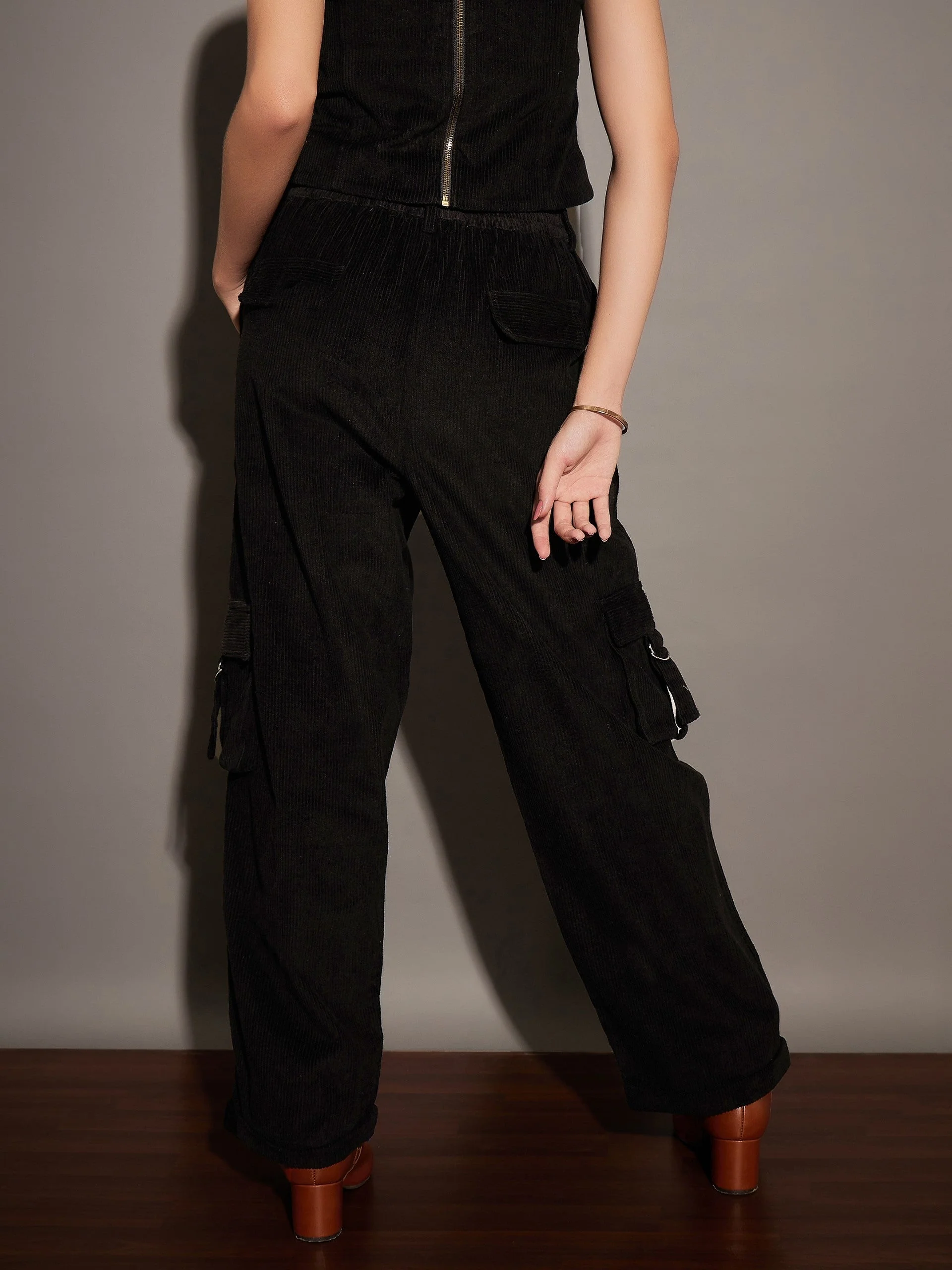 Women Black Corduroy Multi Pocket Cargo Pants - Image 6