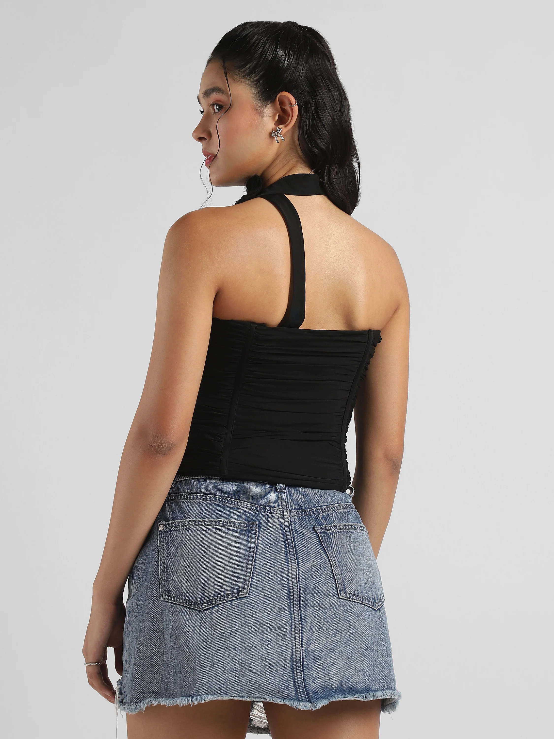 Women Black Corset top with neck tie flower - Image 2