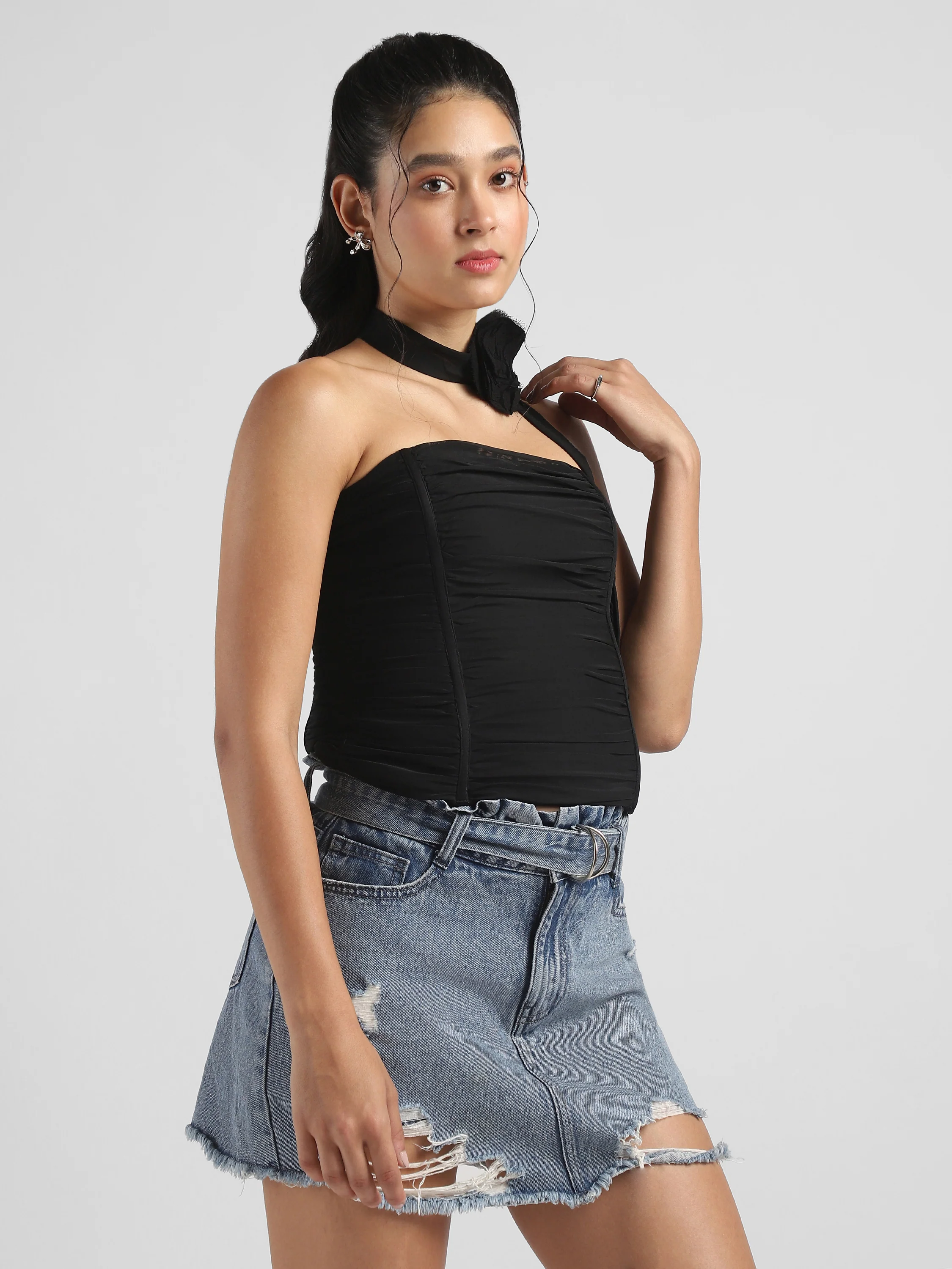 Women Black Corset top with neck tie flower - Image 3
