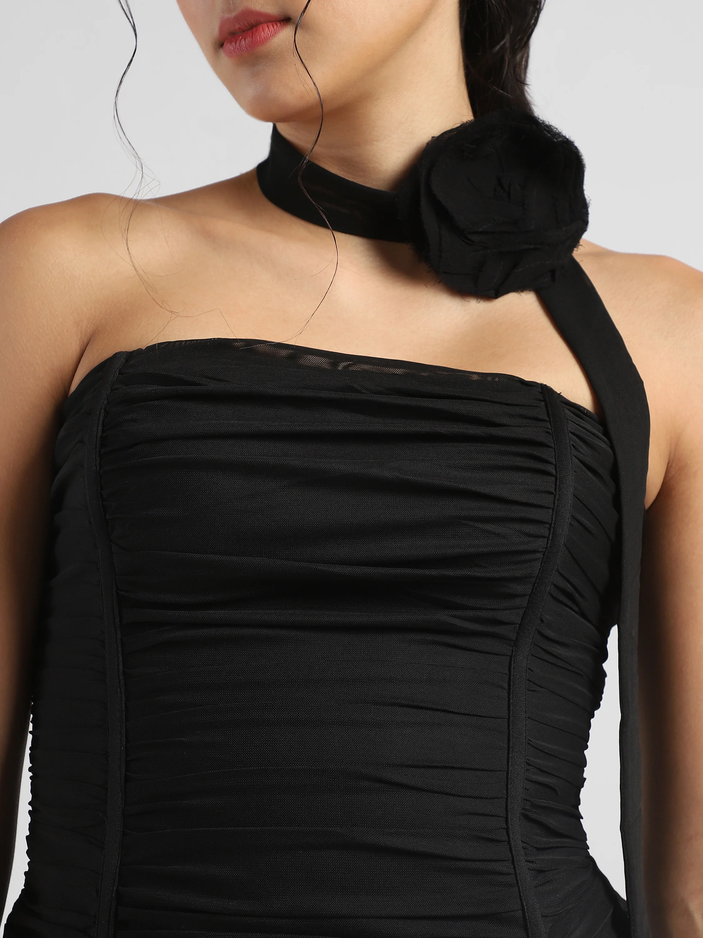 Women Black Corset top with neck tie flower - Image 6