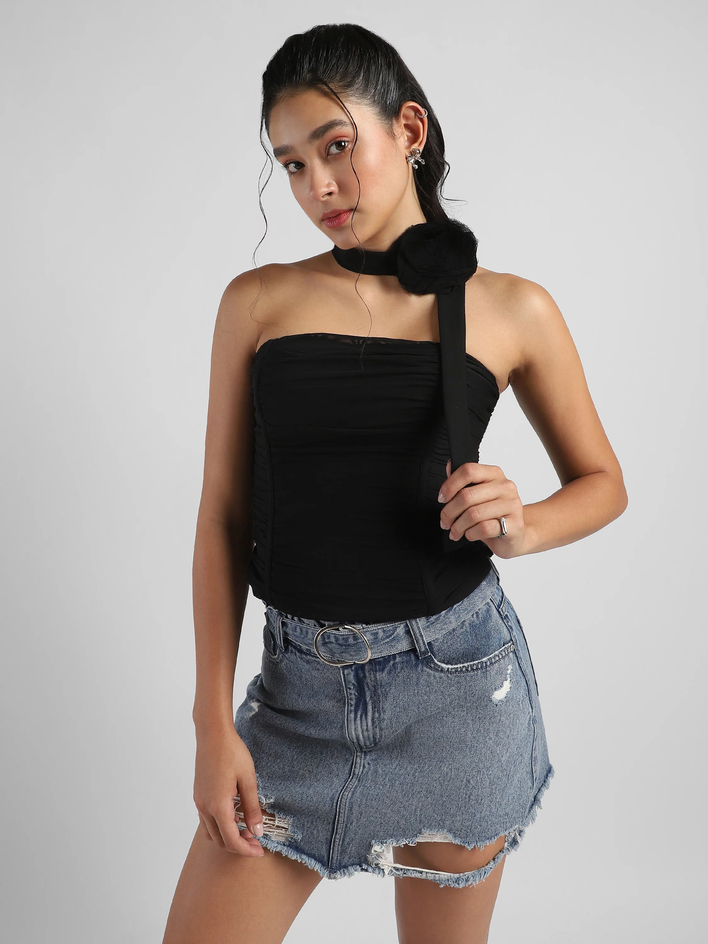 Women Black Corset top with neck tie flower - Image 7
