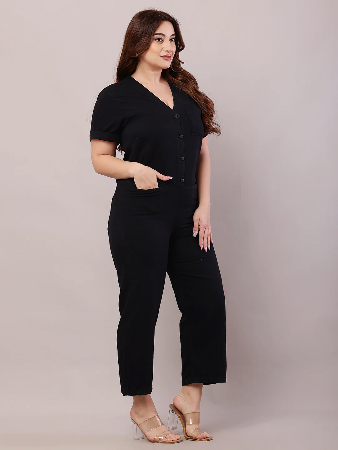 Women Black Cotton Short Sleeve Jumpsuit - Image 2