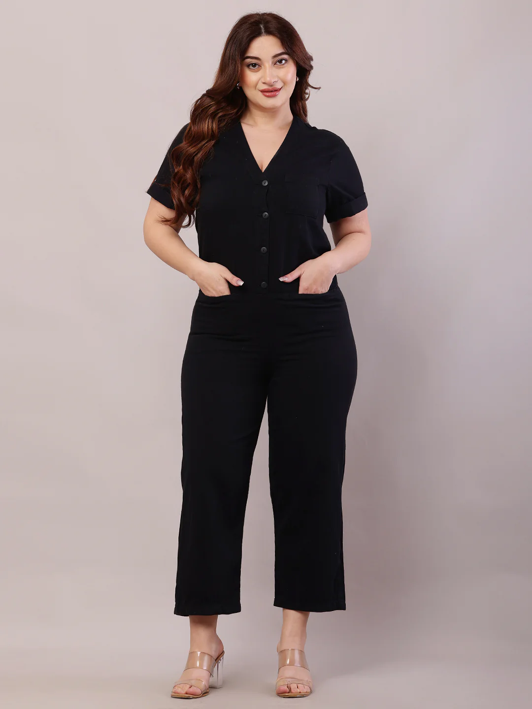 Women Black Cotton Short Sleeve Jumpsuit - Image 3