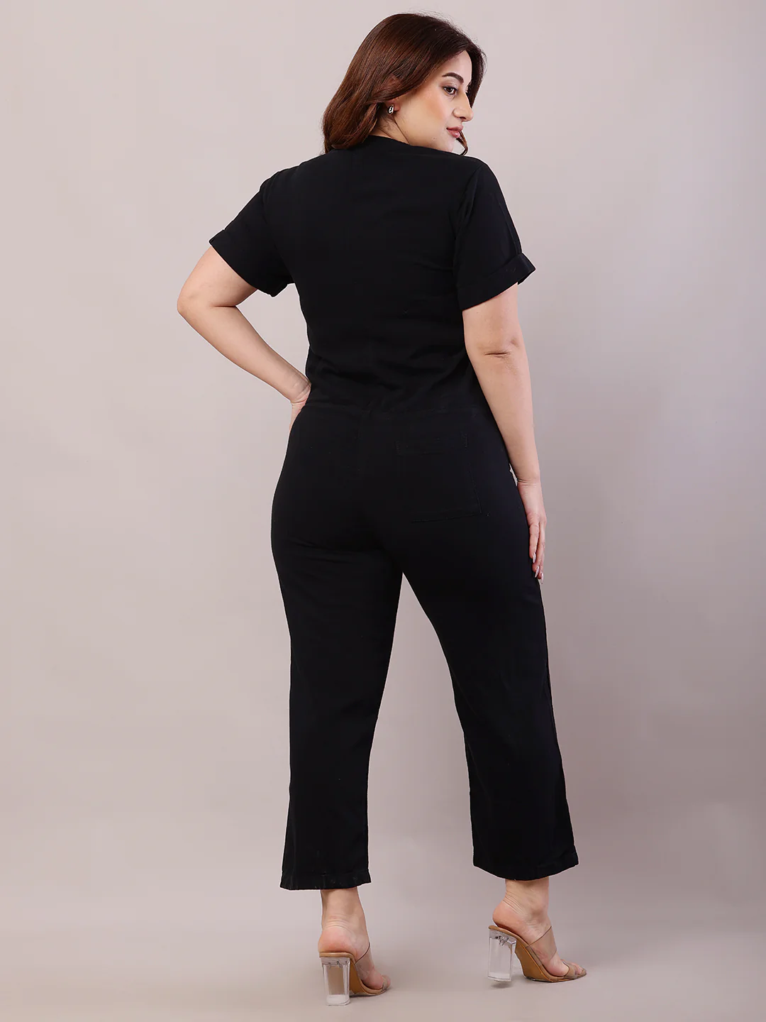 Women Black Cotton Short Sleeve Jumpsuit - Image 4