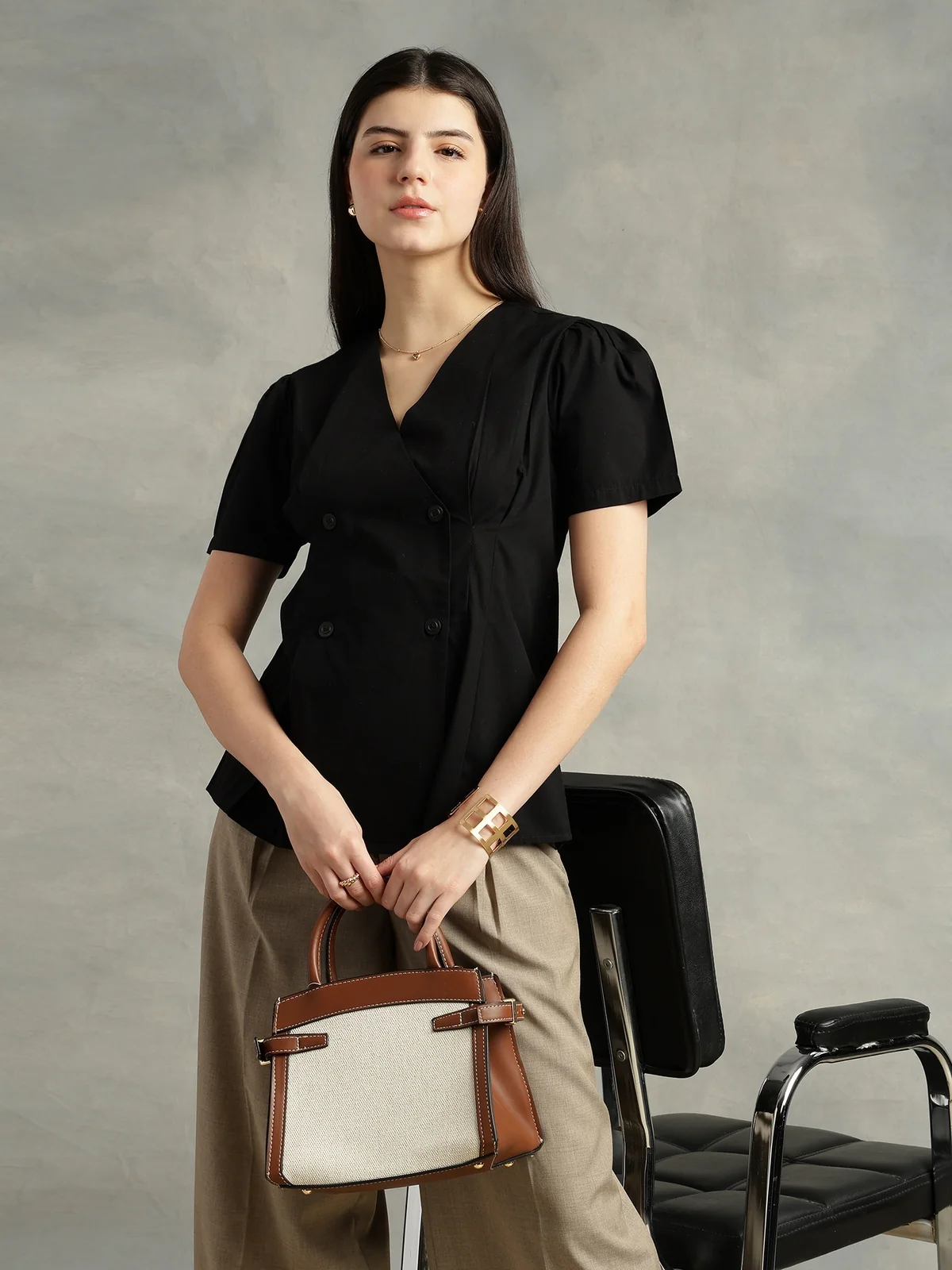 Women Black Cotton Short Sleeve Shirt - Image 2
