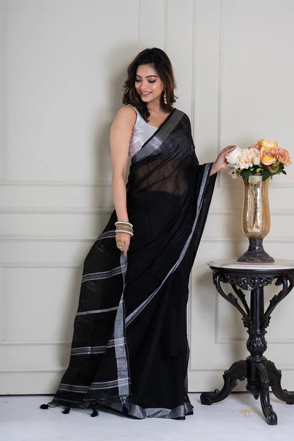 Women Black Cotton Silk Sequence Saree - Image 3
