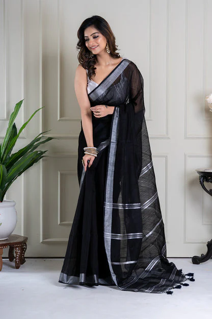 Women Black Cotton Silk Sequence Saree - Image 4