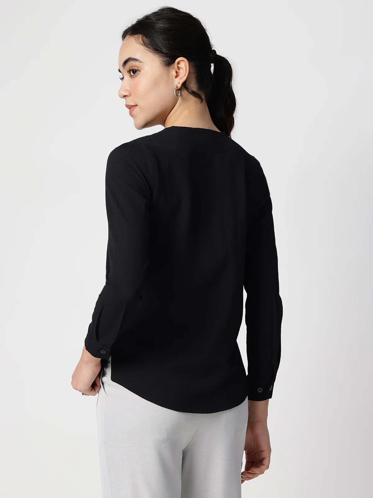 Women Black Crepe Cuban Collar Shirt - Image 2