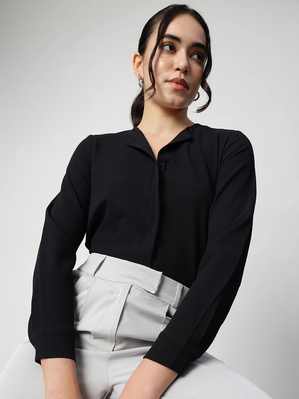 Women Black Crepe Cuban Collar Shirt - Image 3