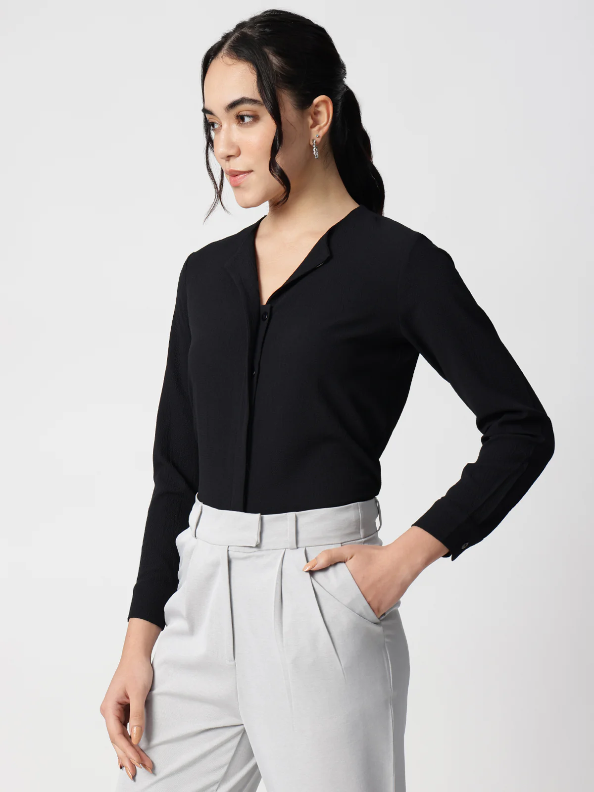 Women Black Crepe Cuban Collar Shirt - Image 5