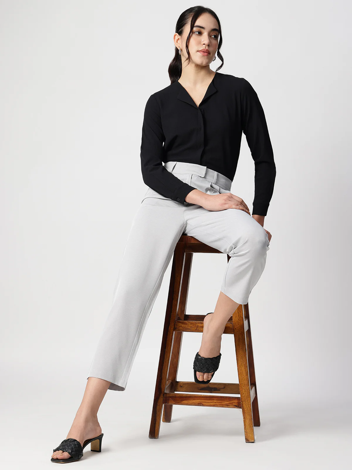 Women Black Crepe Cuban Collar Shirt - Image 6
