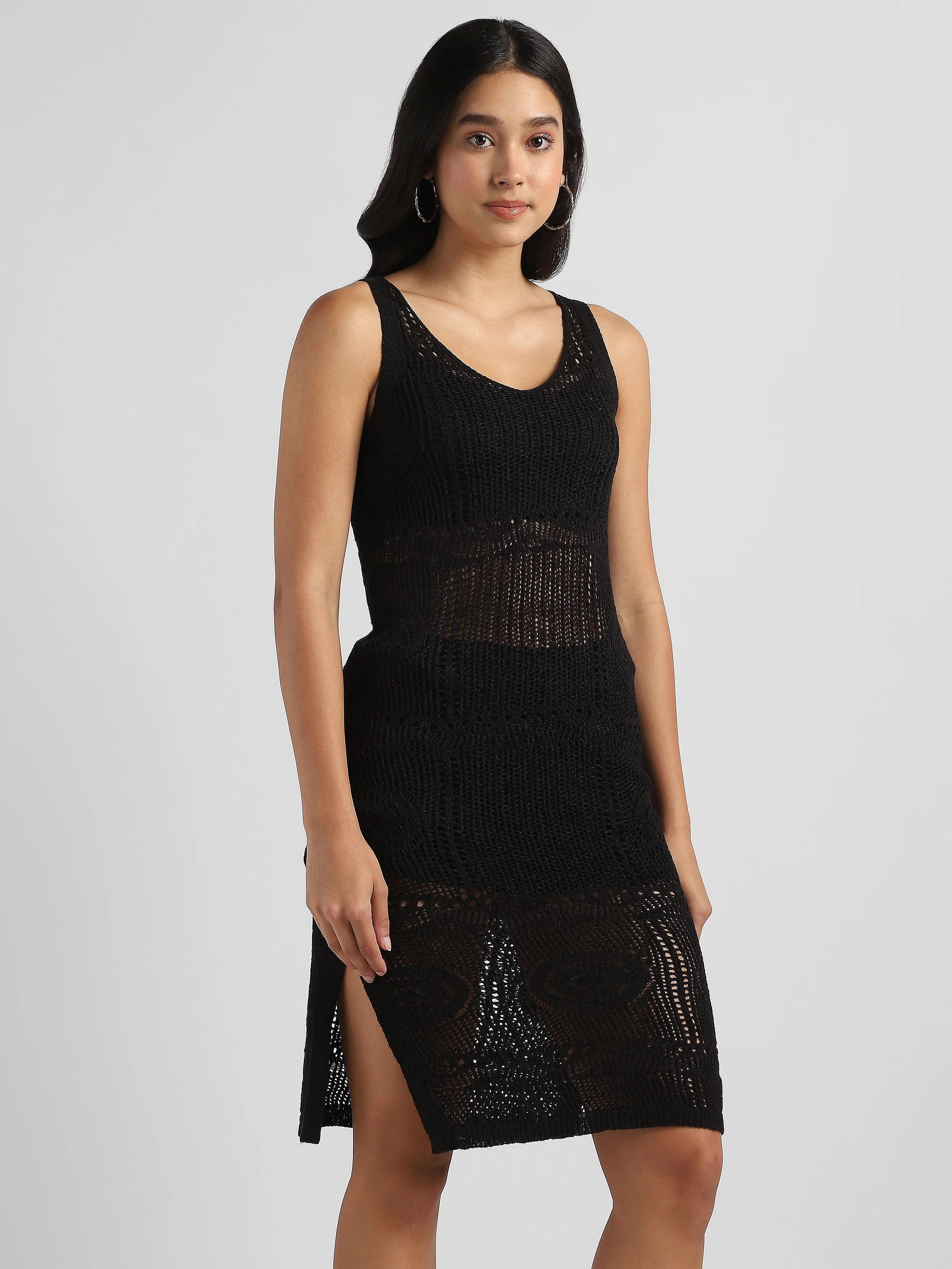 Women Black Crochet Bodycon Dress - Image 2