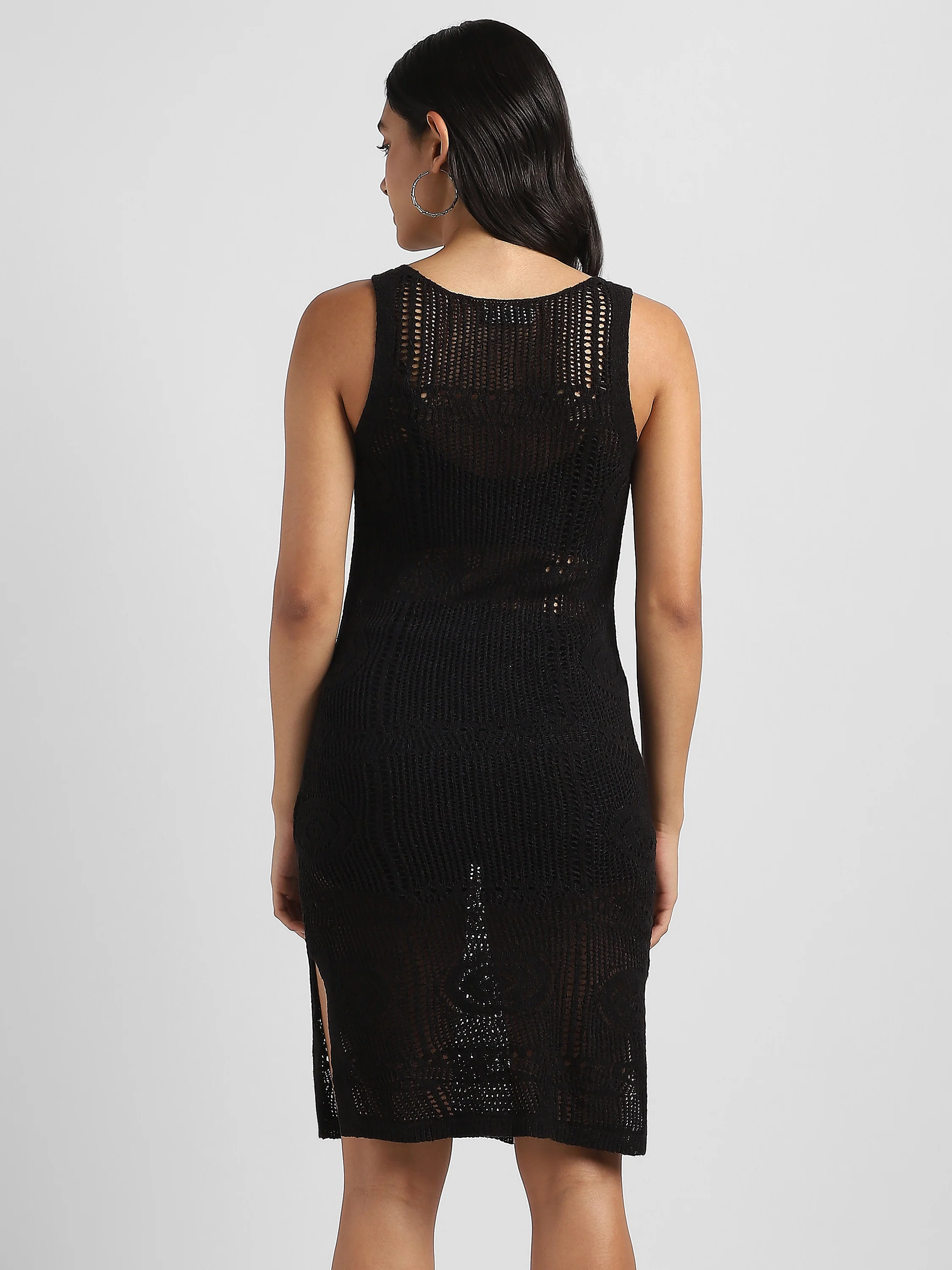 Women Black Crochet Bodycon Dress - Image 3