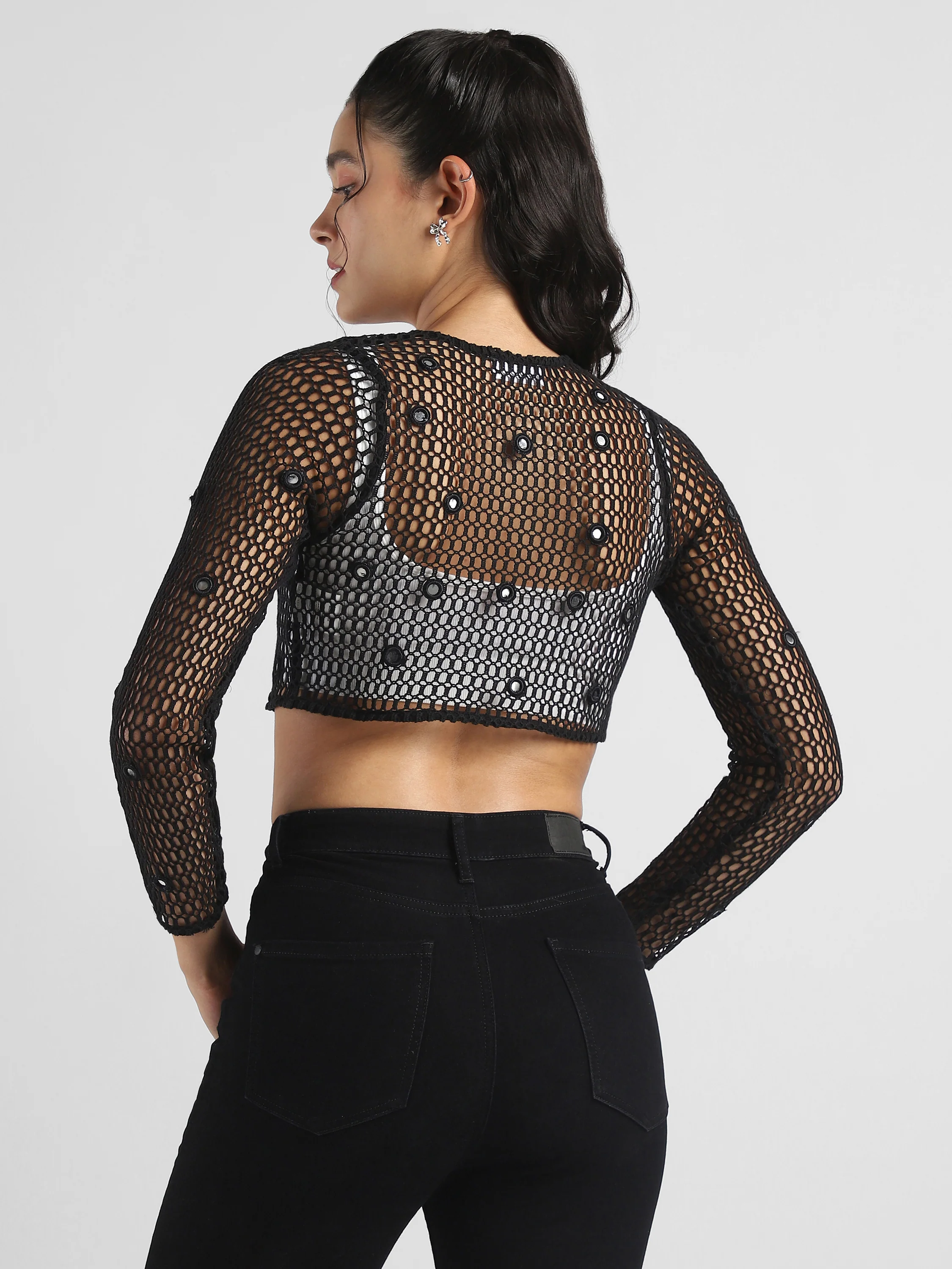 Women Black Crochet Embelished top - Image 2