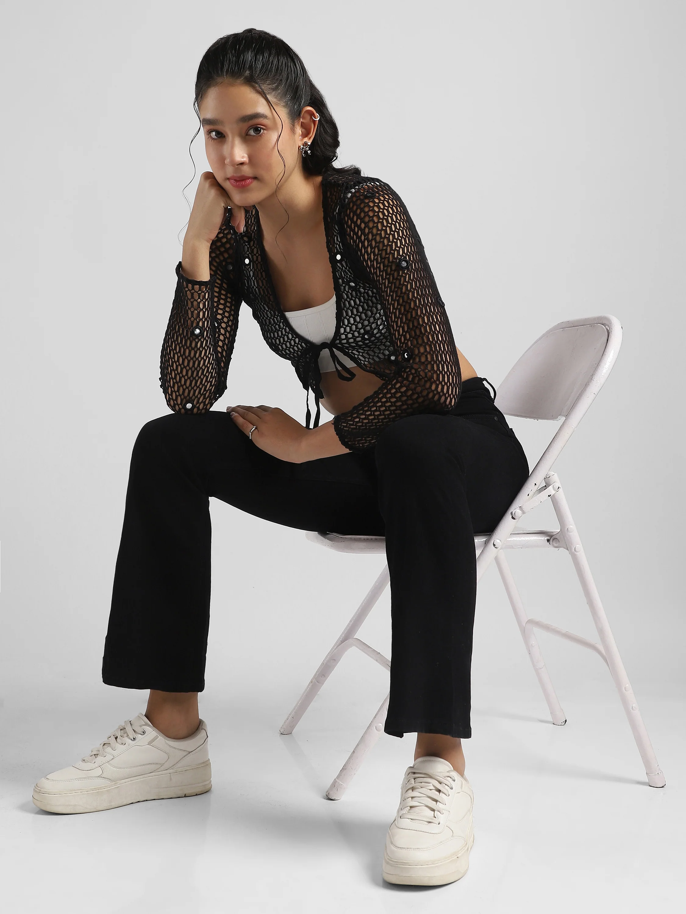 Women Black Crochet Embelished top - Image 3