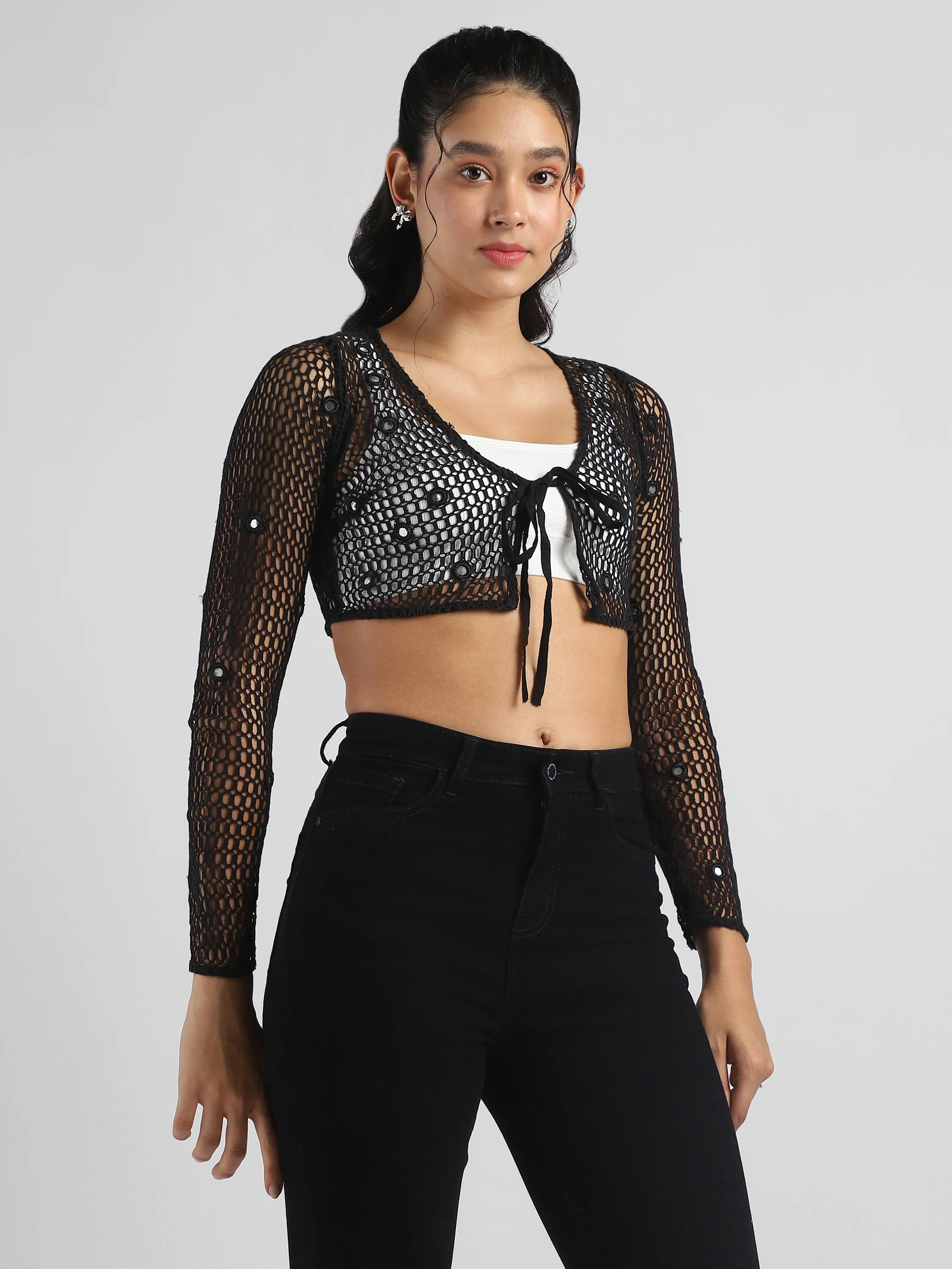 Women Black Crochet Embelished top - Image 4
