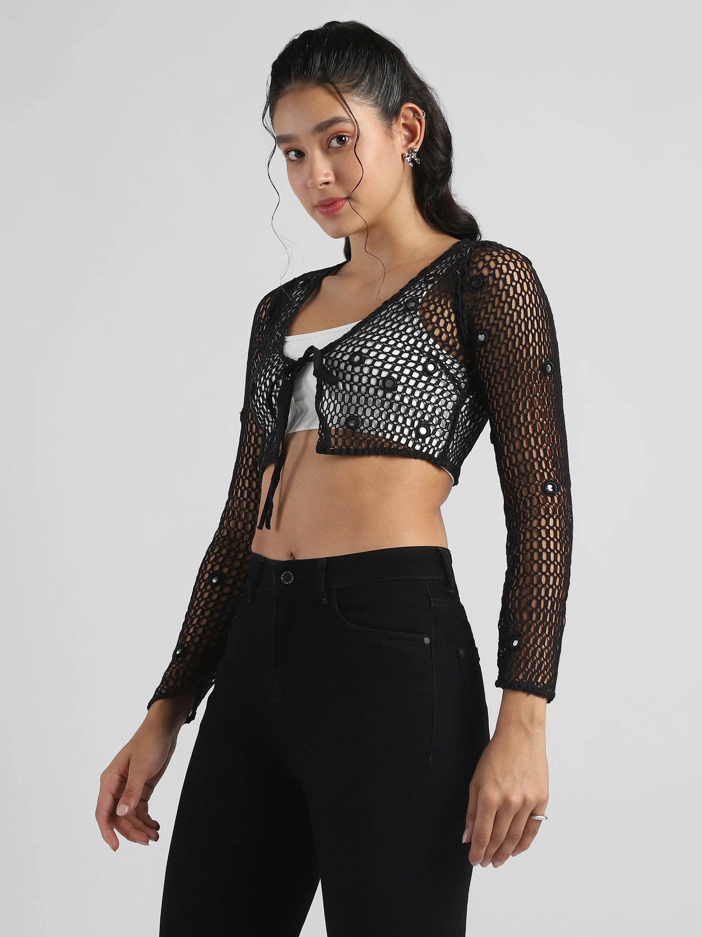 Women Black Crochet Embelished top - Image 5