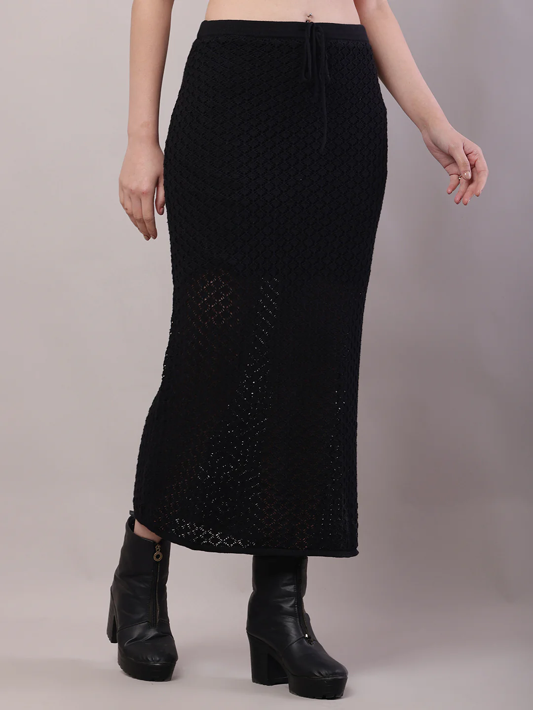 Women Black Crochet Mesh Sheer Maxi Skirt - Image 2