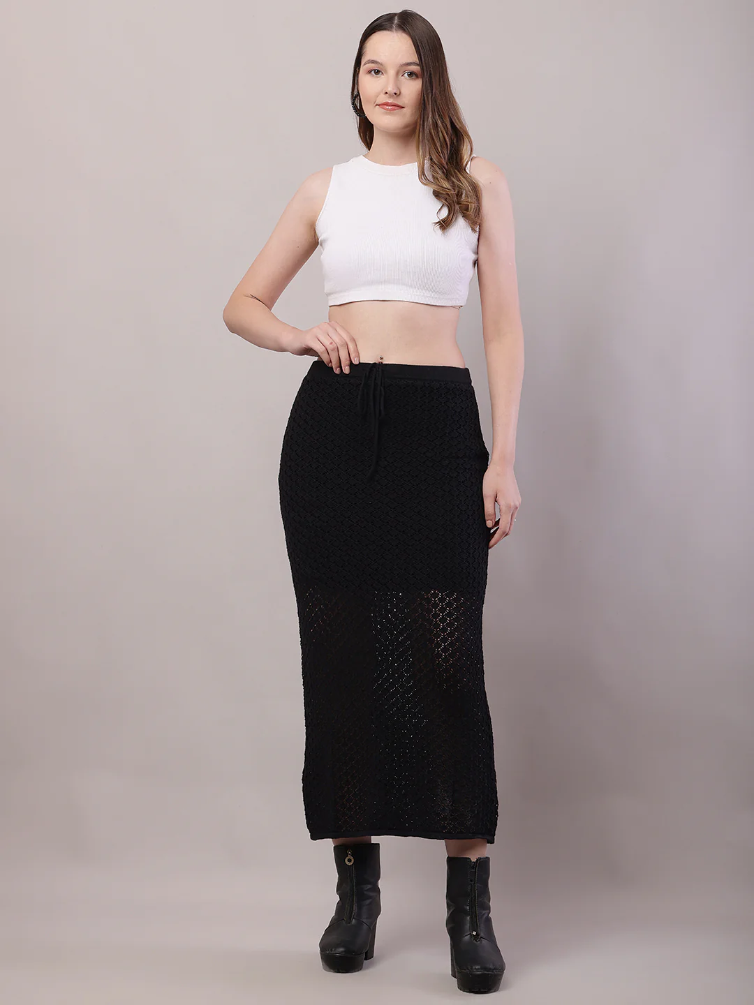 Women Black Crochet Mesh Sheer Maxi Skirt - Image 3