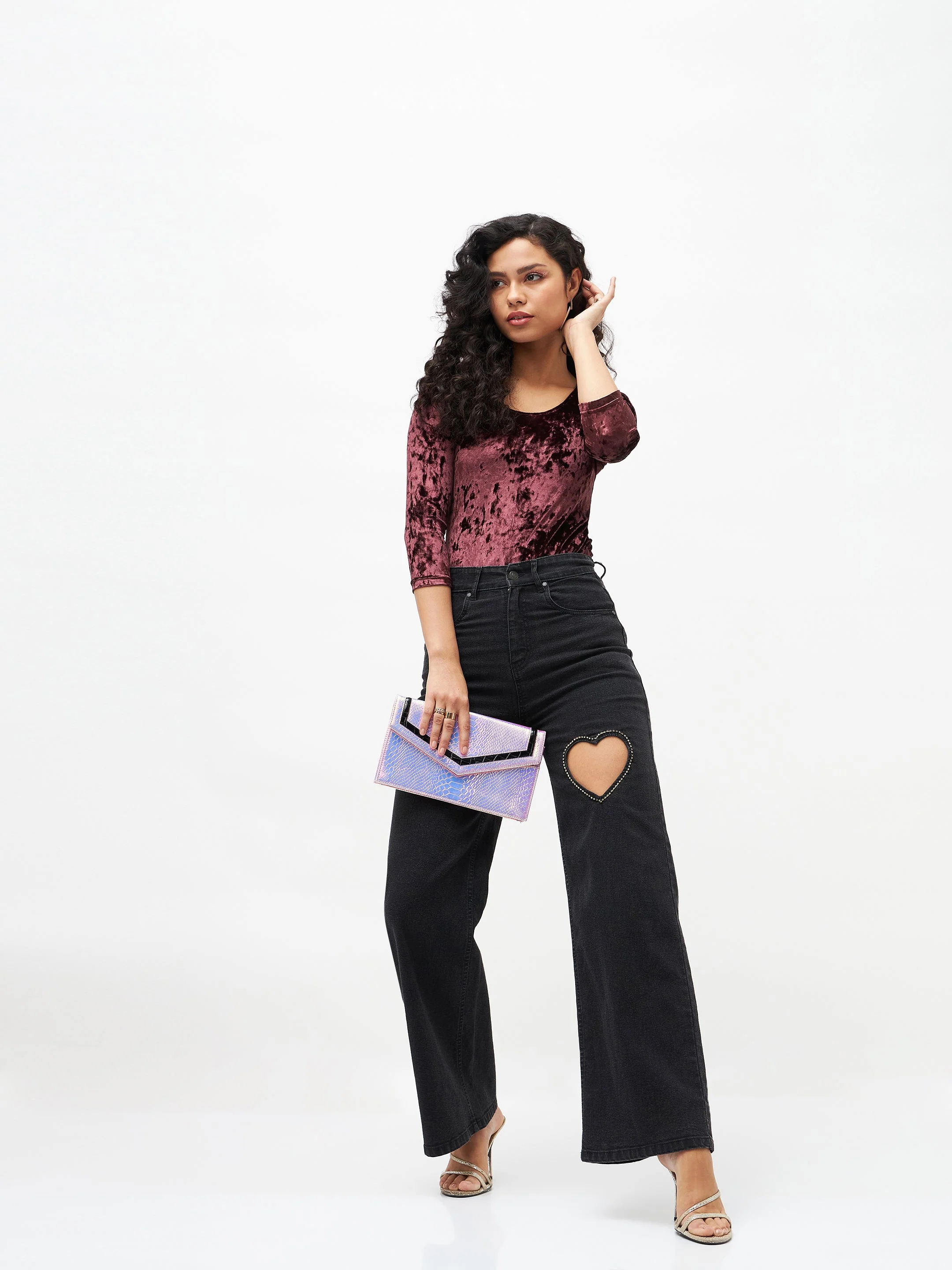 Women Black Crystal Heart Straight Fit Jeans - Image 2