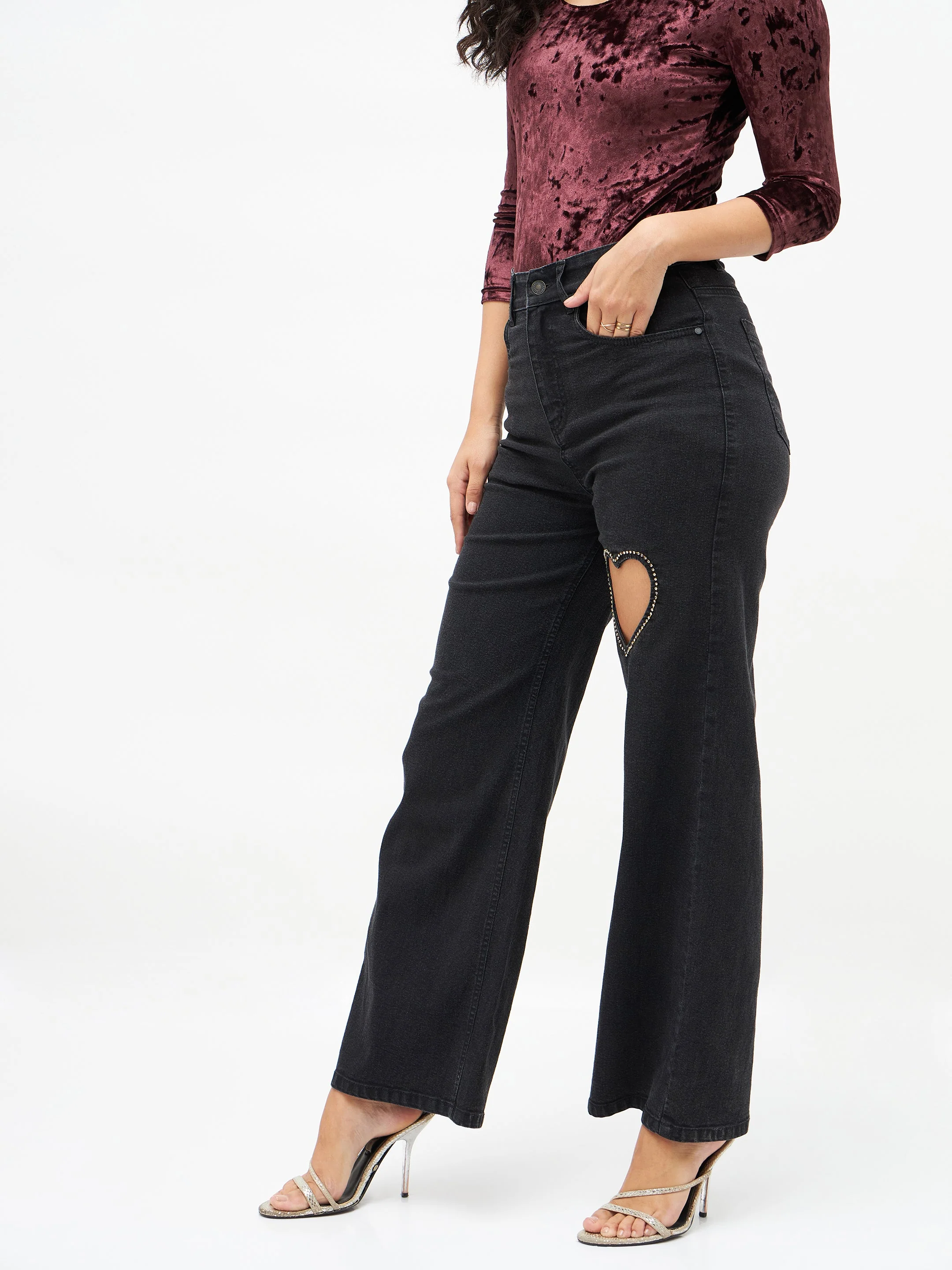 Women Black Crystal Heart Straight Fit Jeans - Image 3