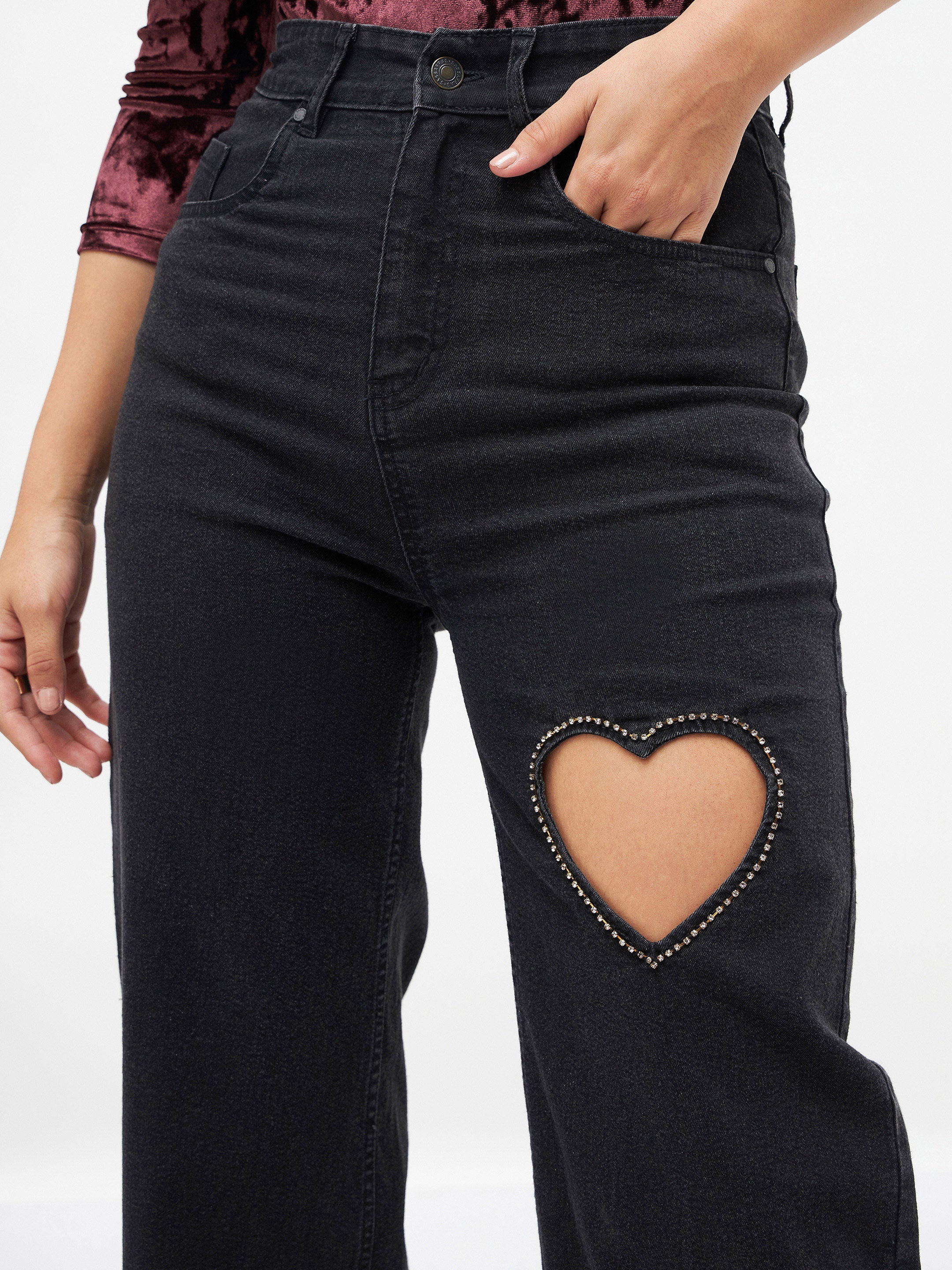 Women Black Crystal Heart Straight Fit Jeans - Image 4