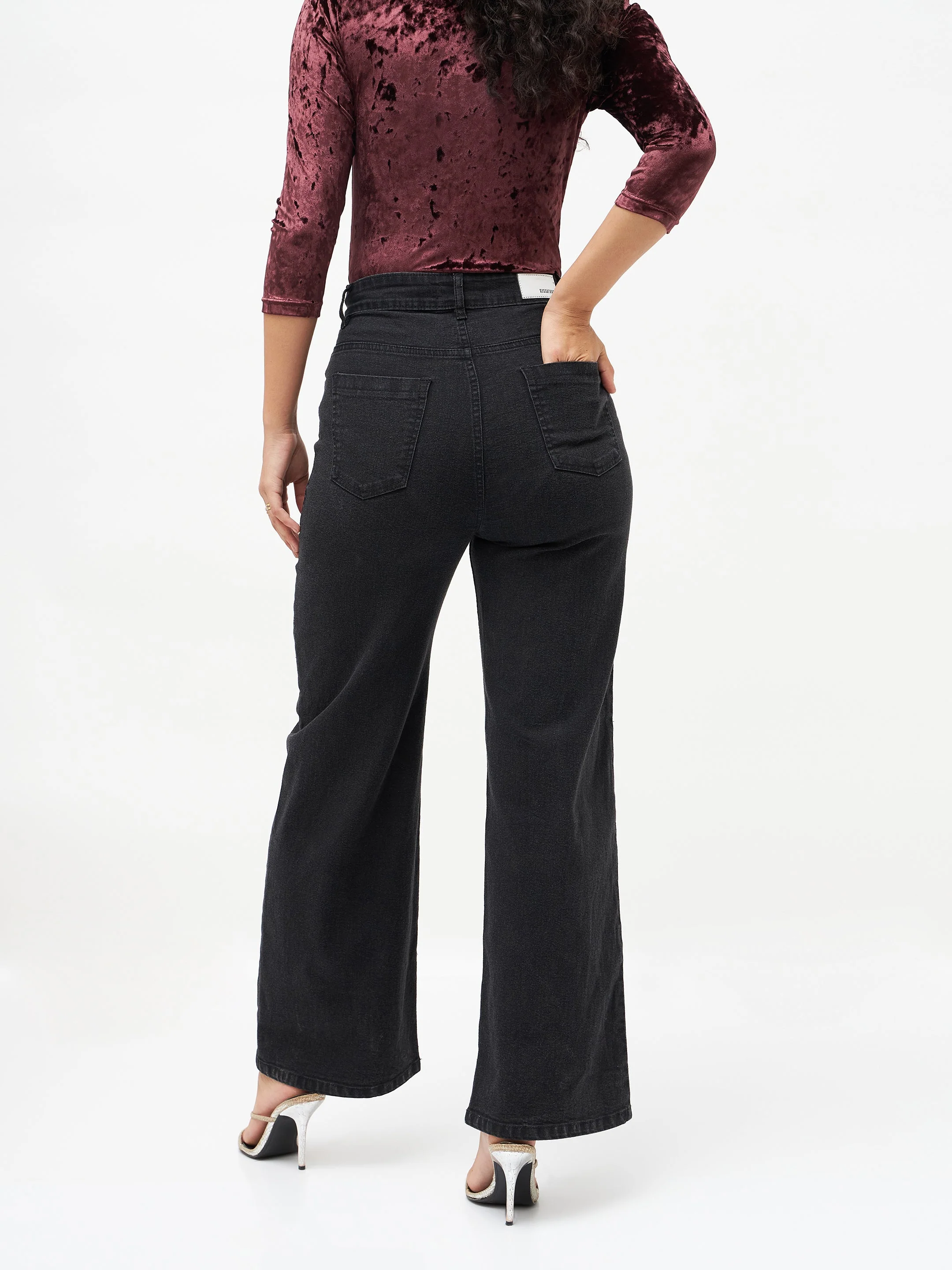 Women Black Crystal Heart Straight Fit Jeans - Image 5