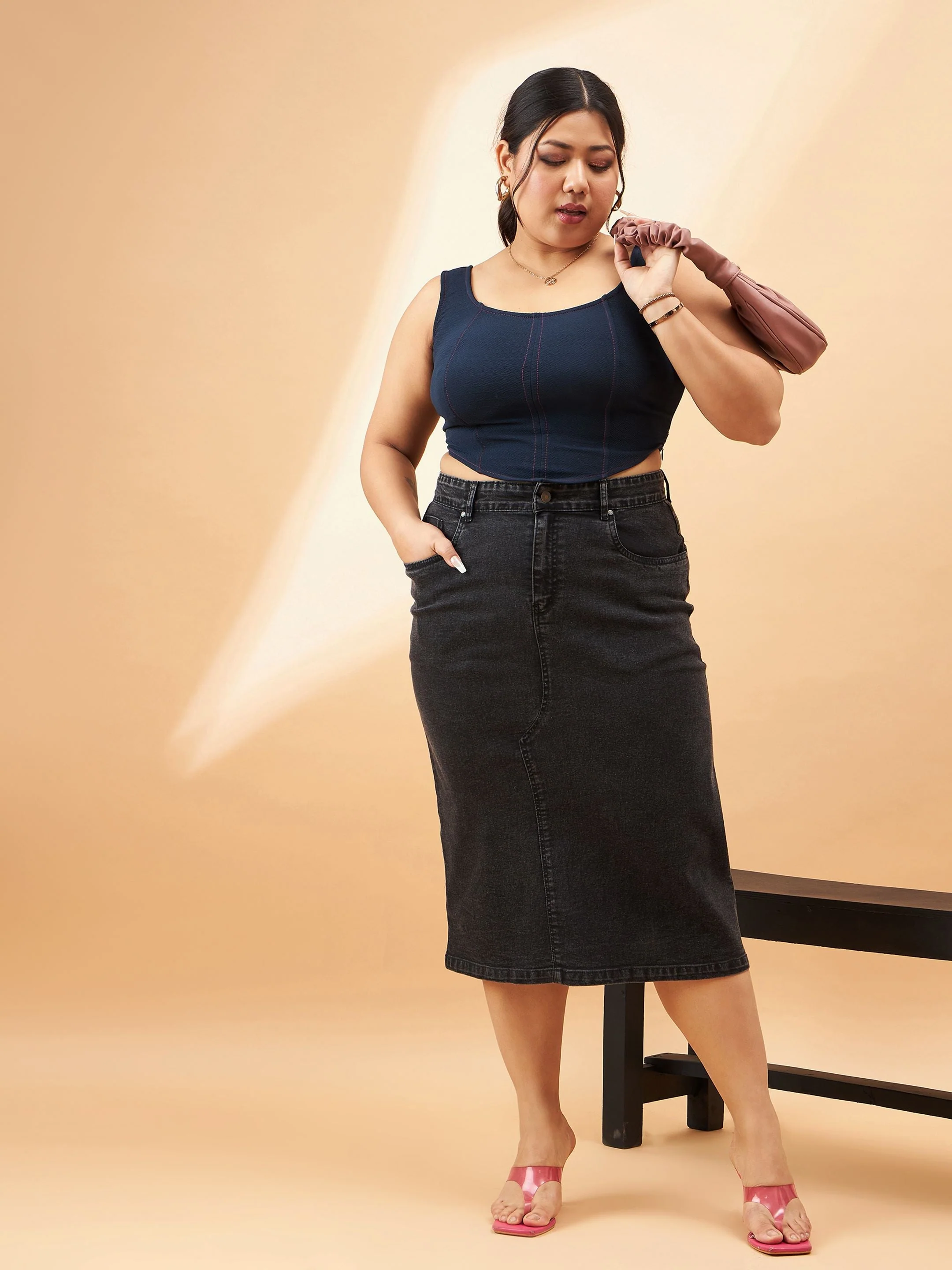 Women Black Denim Acid Wash A-Line Skirt - Image 2