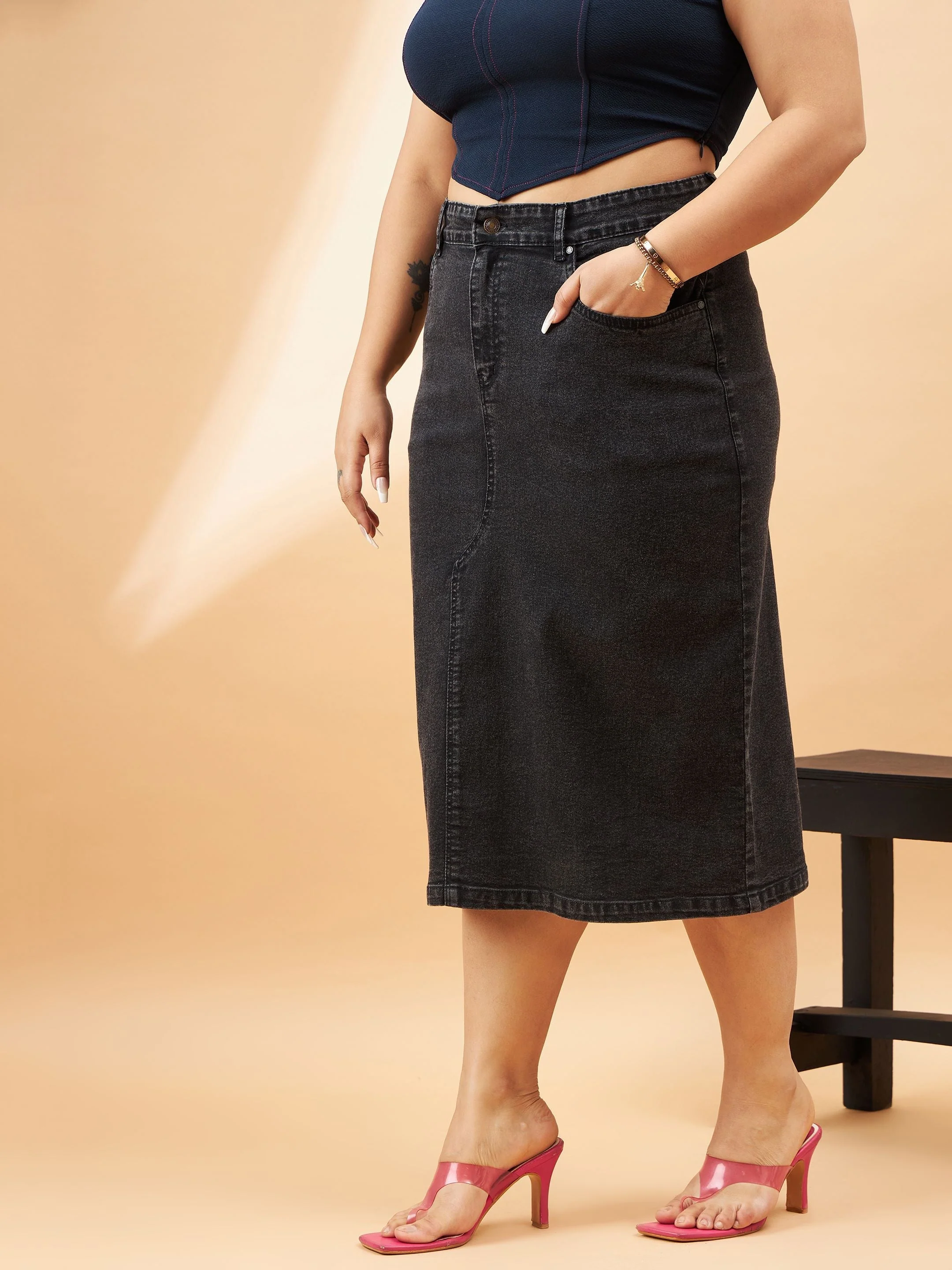 Women Black Denim Acid Wash A-Line Skirt - Image 3