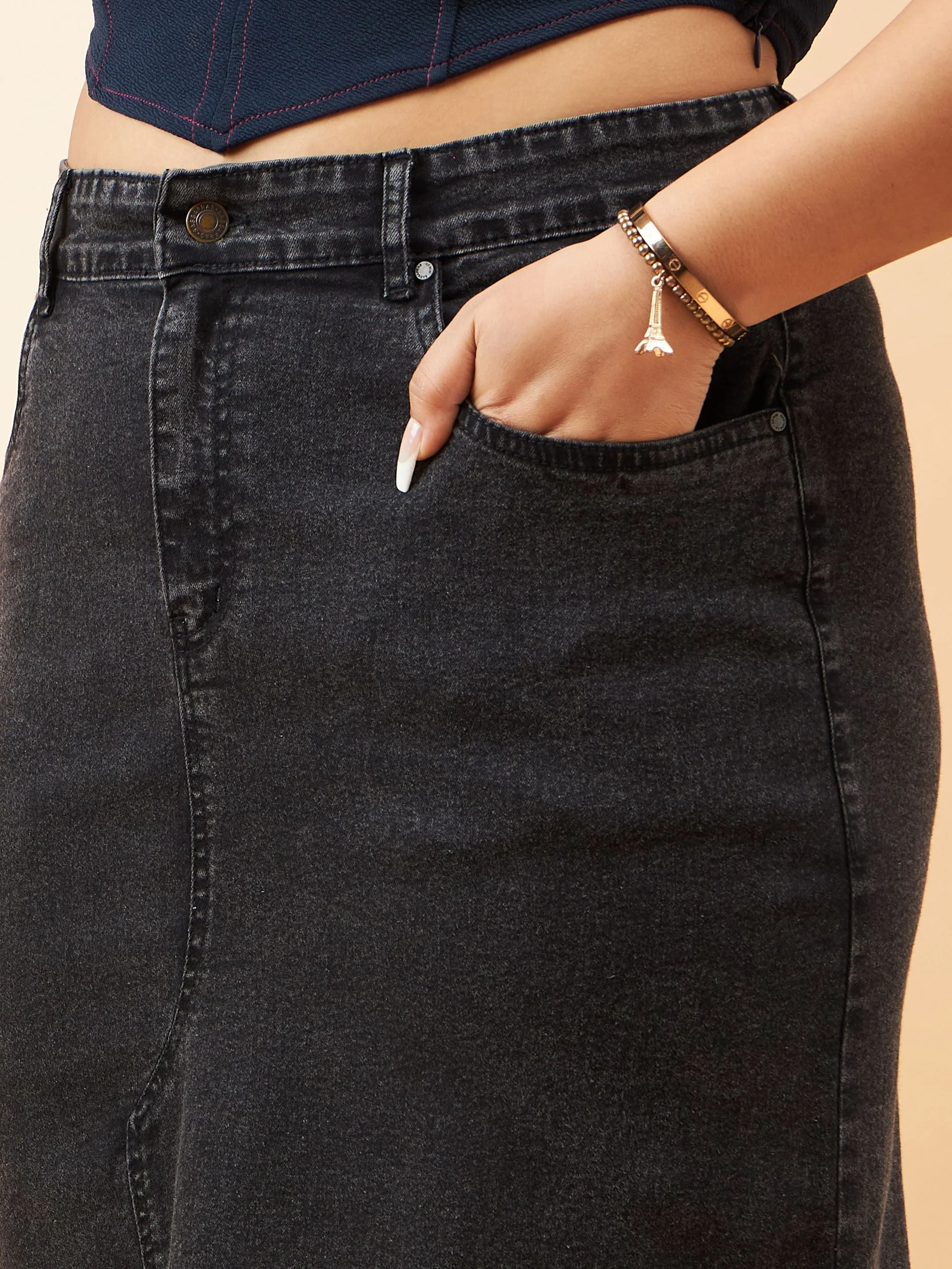 Women Black Denim Acid Wash A-Line Skirt - Image 4