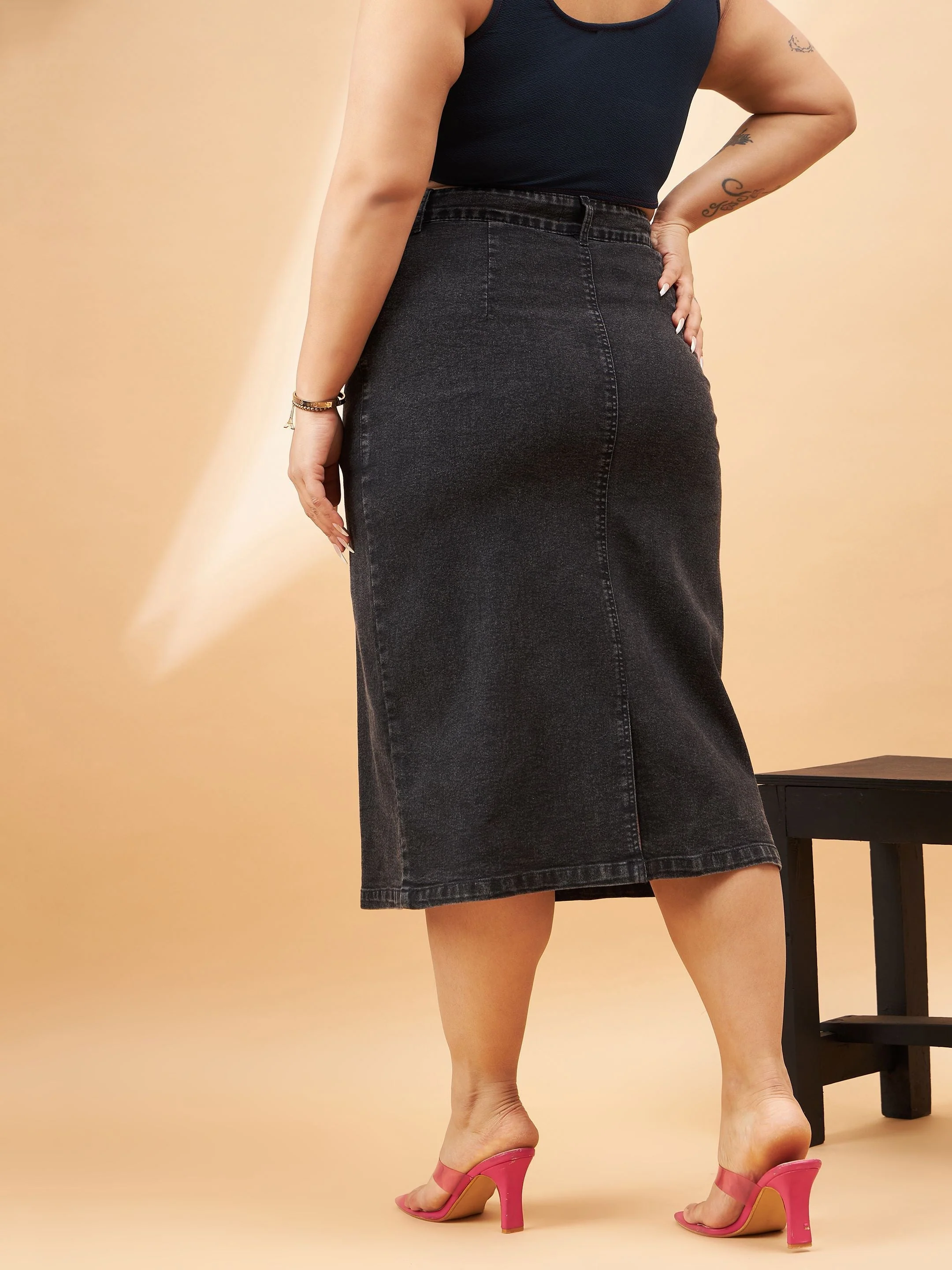 Women Black Denim Acid Wash A-Line Skirt - Image 5