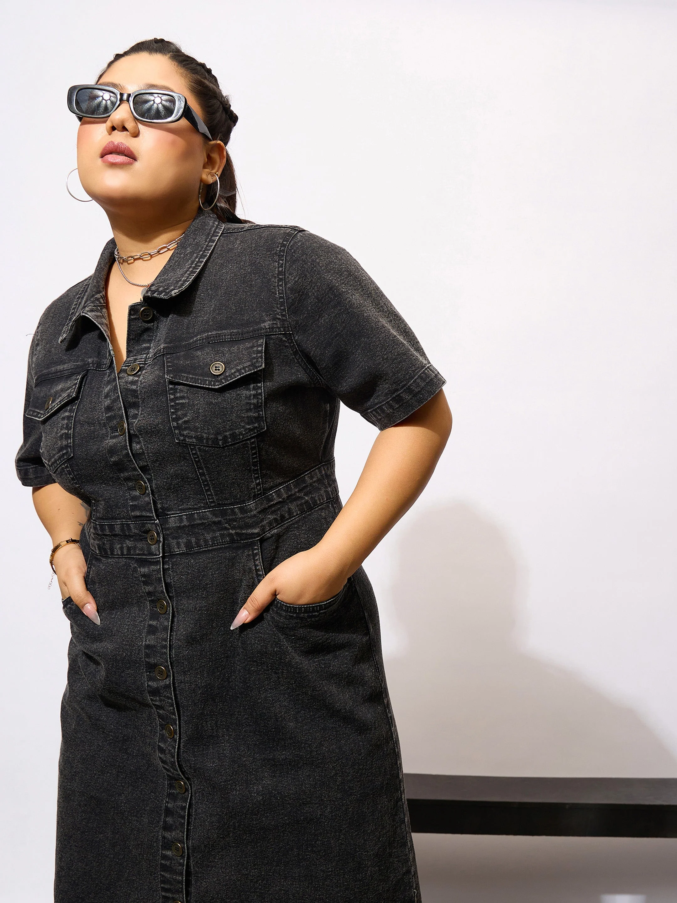 Women Black Denim Acid Wash Front Button Shirt Dress - Image 2