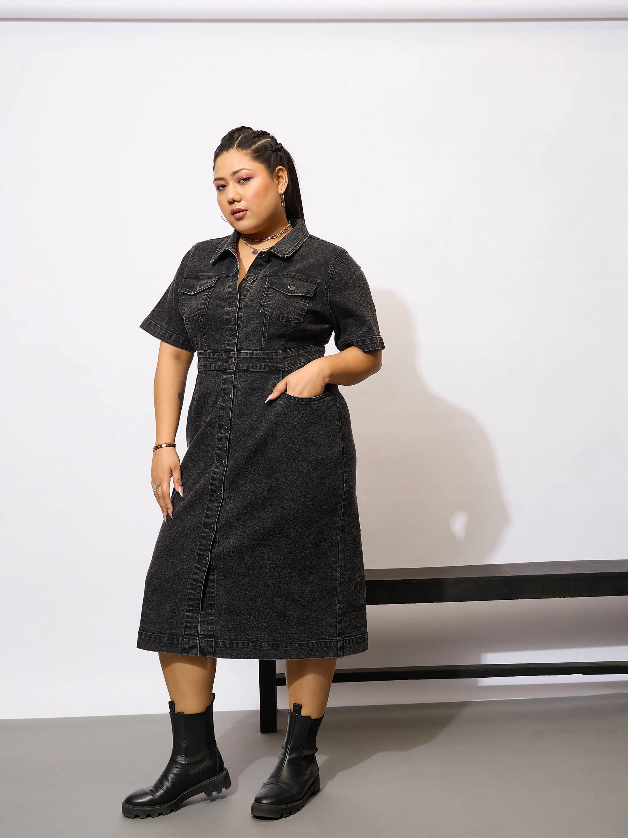 Women Black Denim Acid Wash Front Button Shirt Dress - Image 3