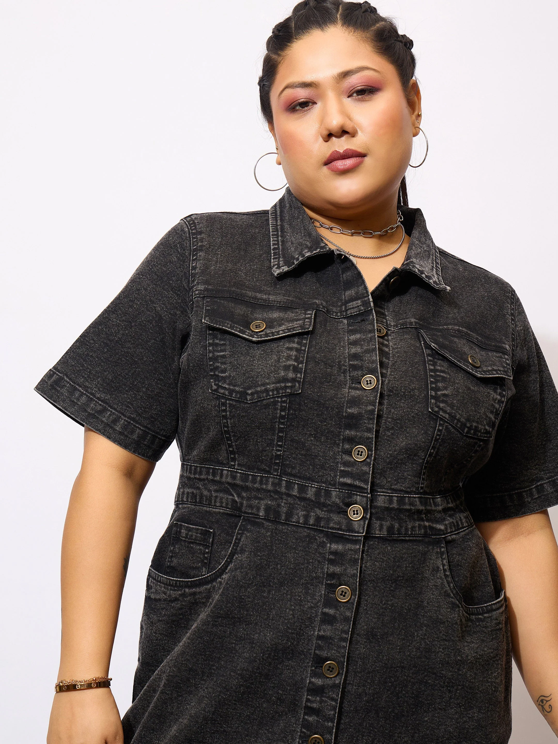 Women Black Denim Acid Wash Front Button Shirt Dress - Image 4