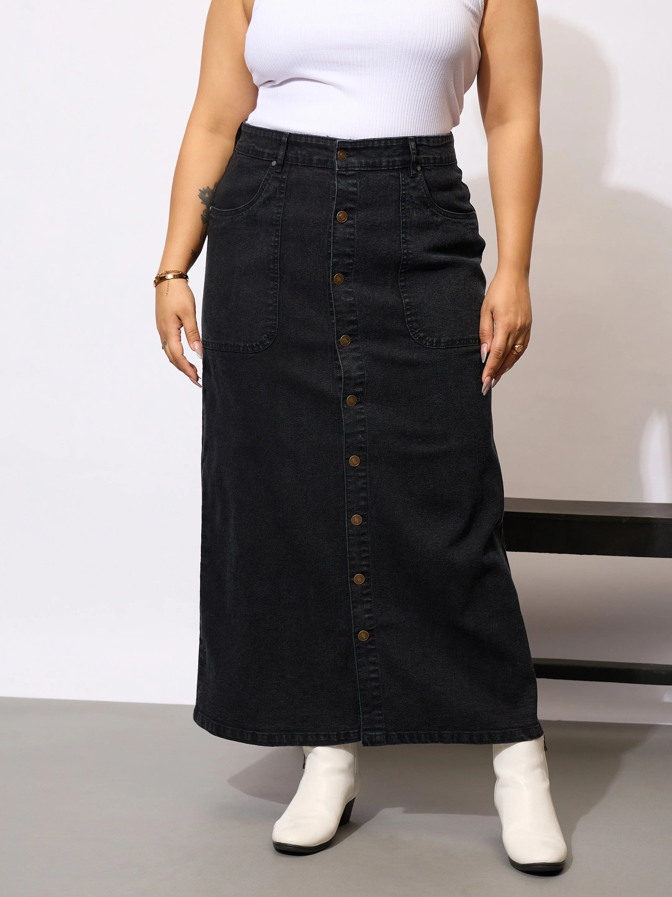 Women Black Denim Acid Wash Front Button Skirt - Image 2