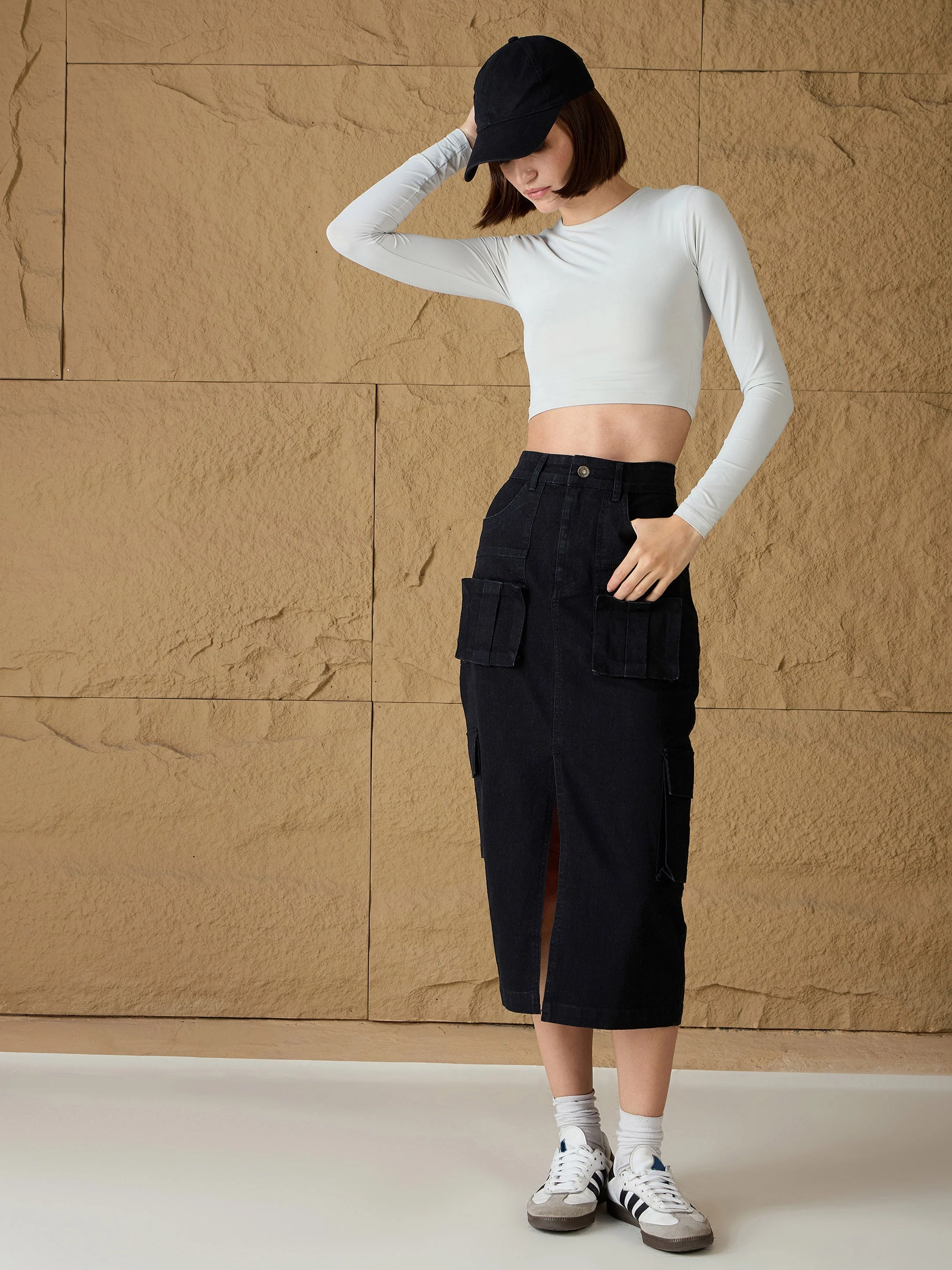 Women Black Denim Box Pocket Midi Skirt - Image 2