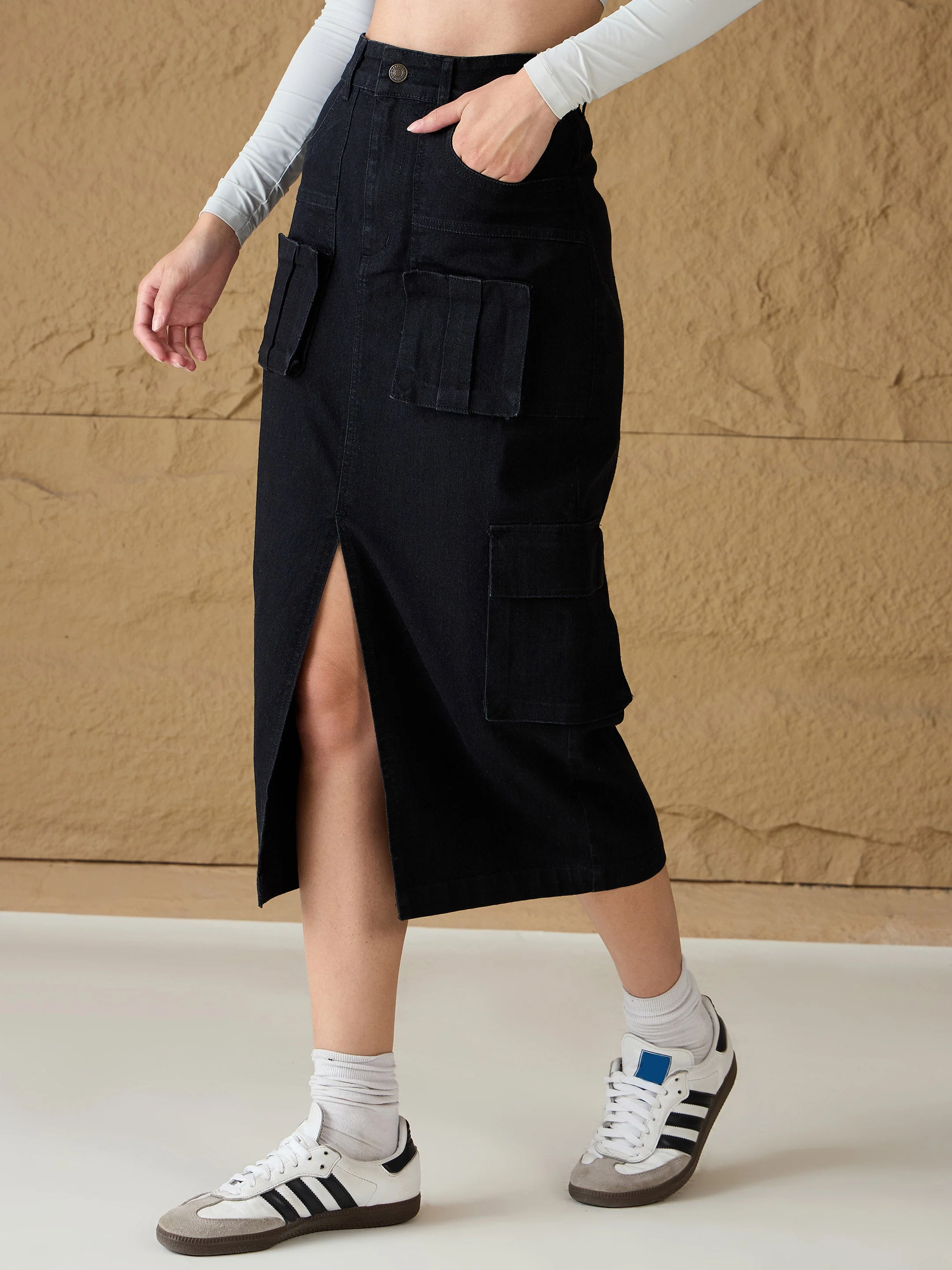 Women Black Denim Box Pocket Midi Skirt - Image 3