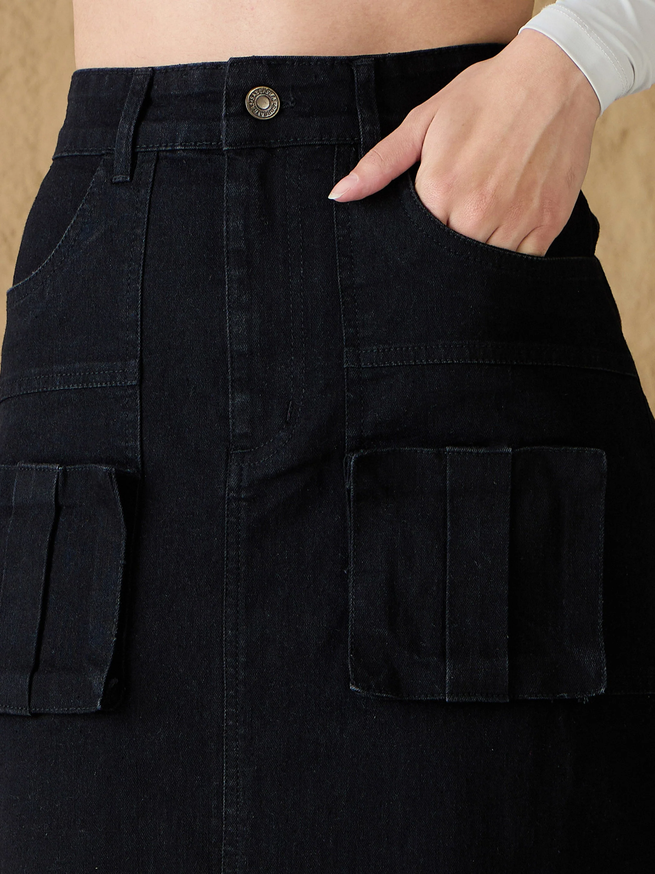 Women Black Denim Box Pocket Midi Skirt - Image 4