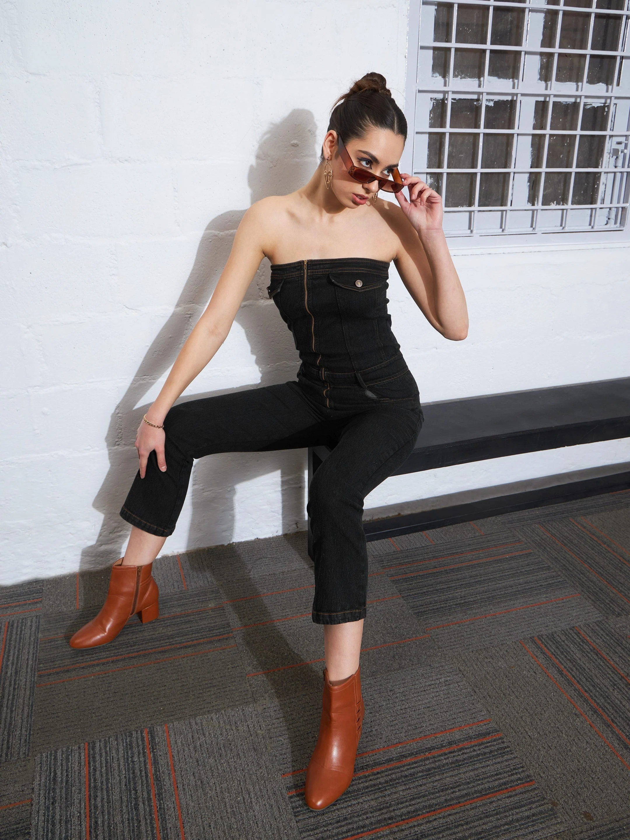 Women Black Denim Corset Jumpsuit - Image 4