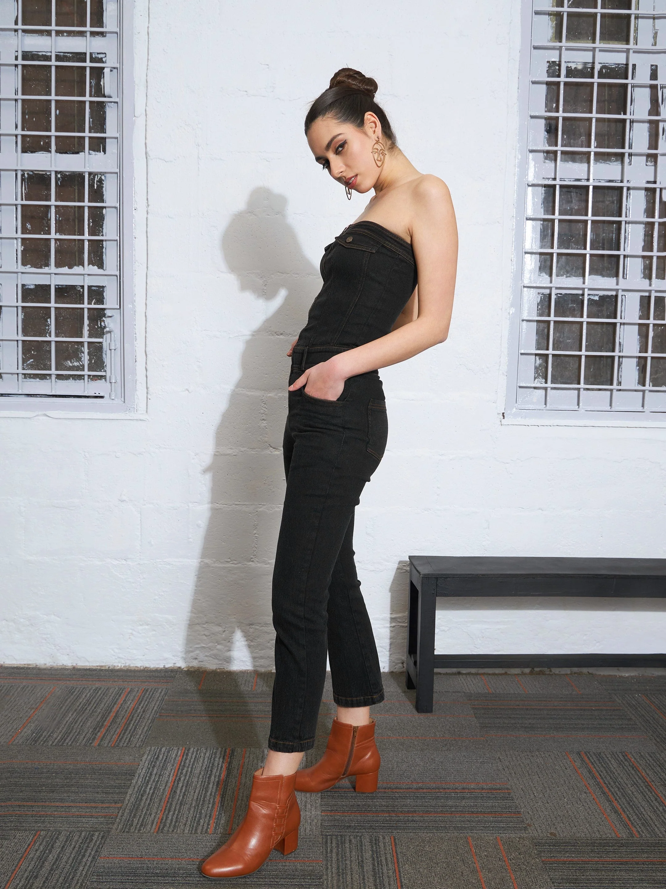 Women Black Denim Corset Jumpsuit - Image 5