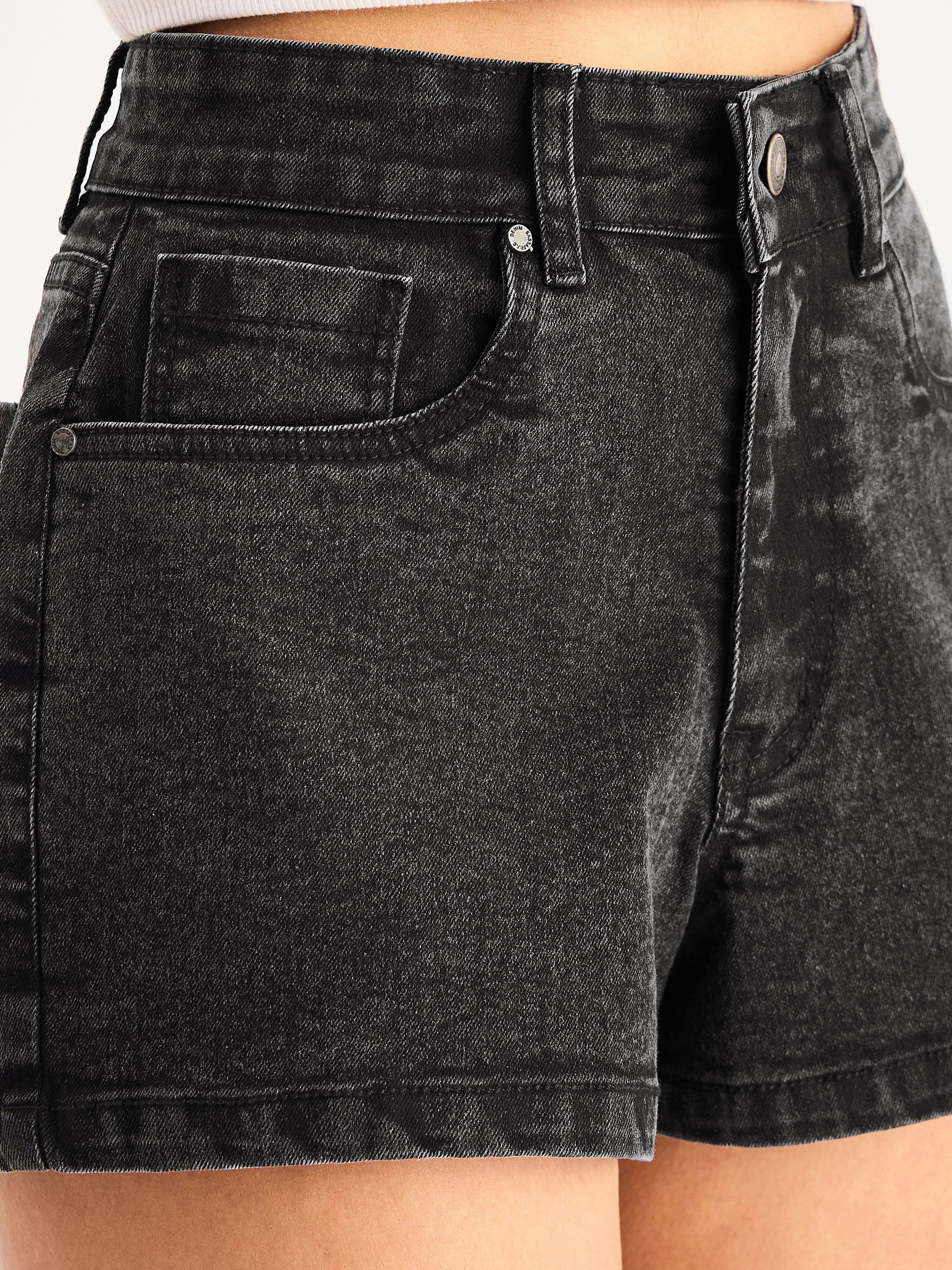 Women Black Denim Faded Shorts - Image 4