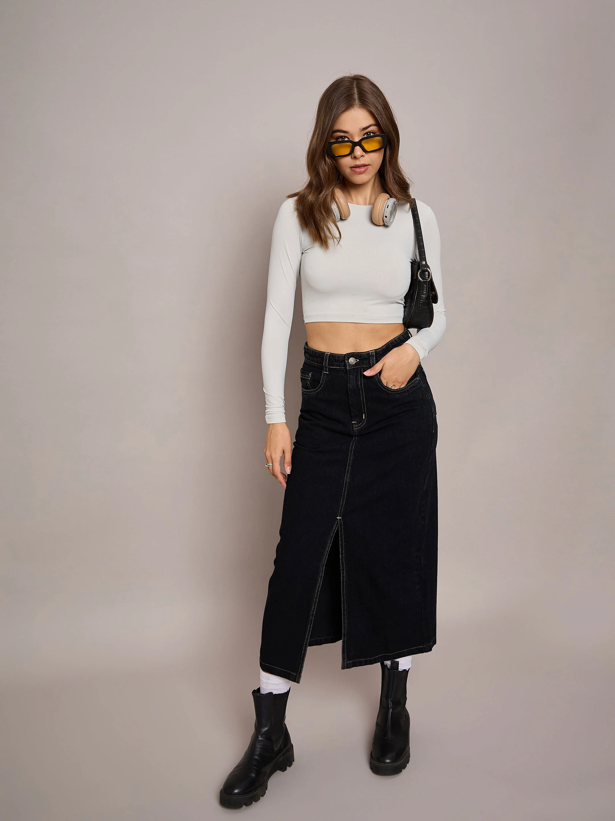 Women Black Denim Front Slit Midi Skirt - Image 2