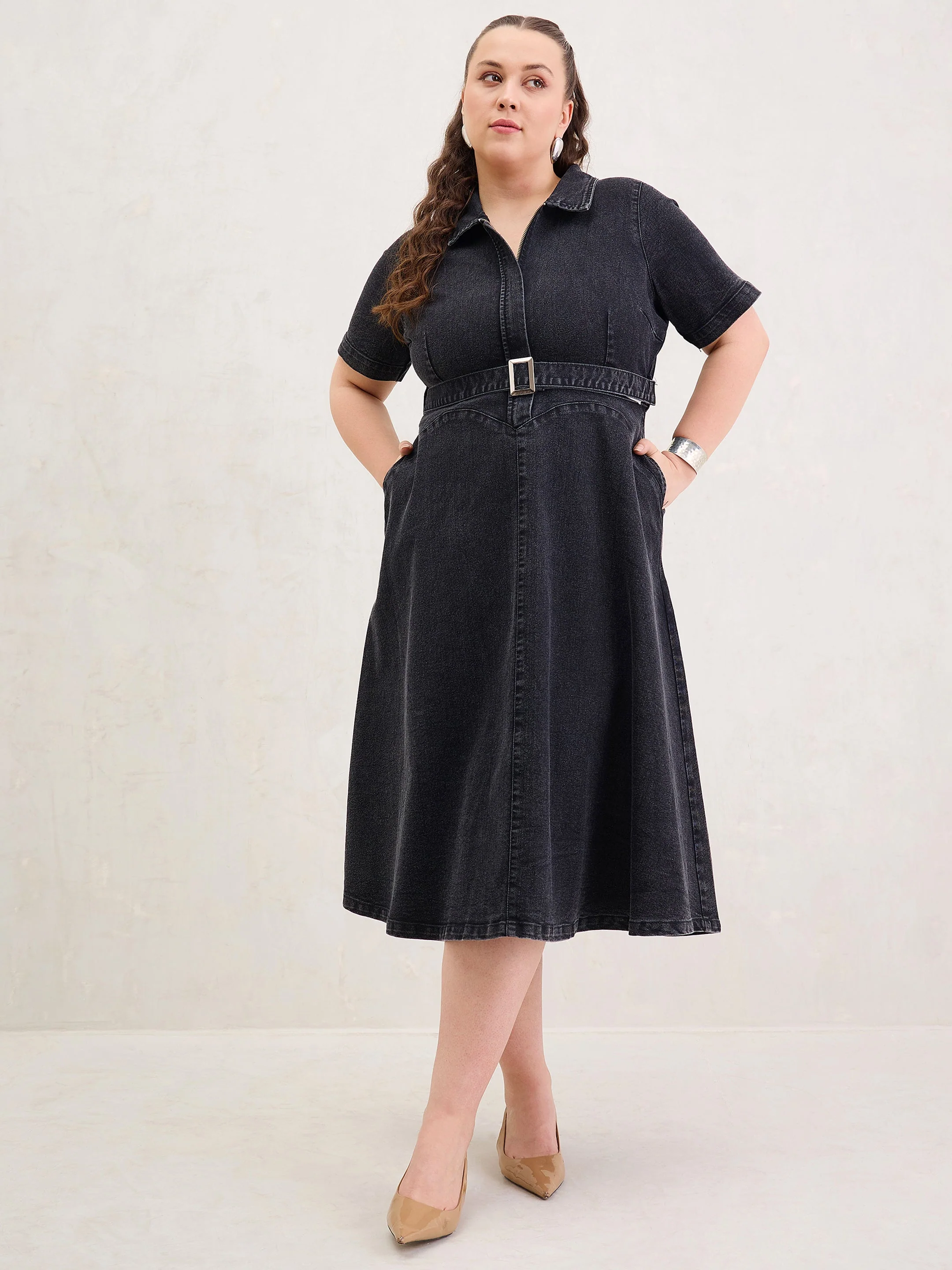 Women Black Denim Front Zipper Flared Hem Midi Dress - Image 2