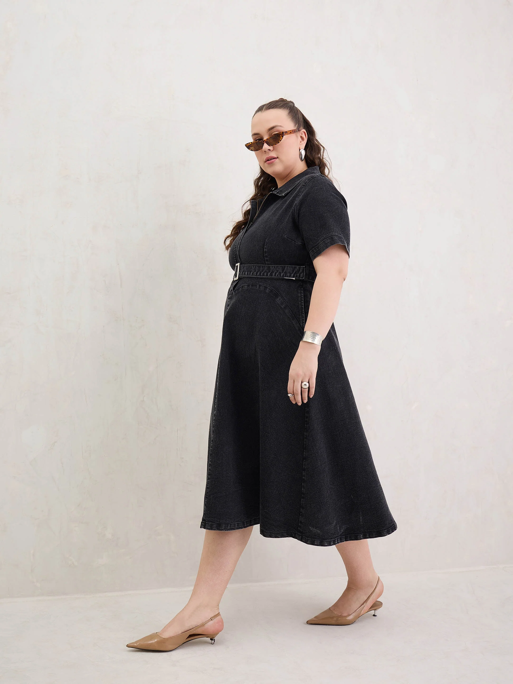 Women Black Denim Front Zipper Flared Hem Midi Dress - Image 3