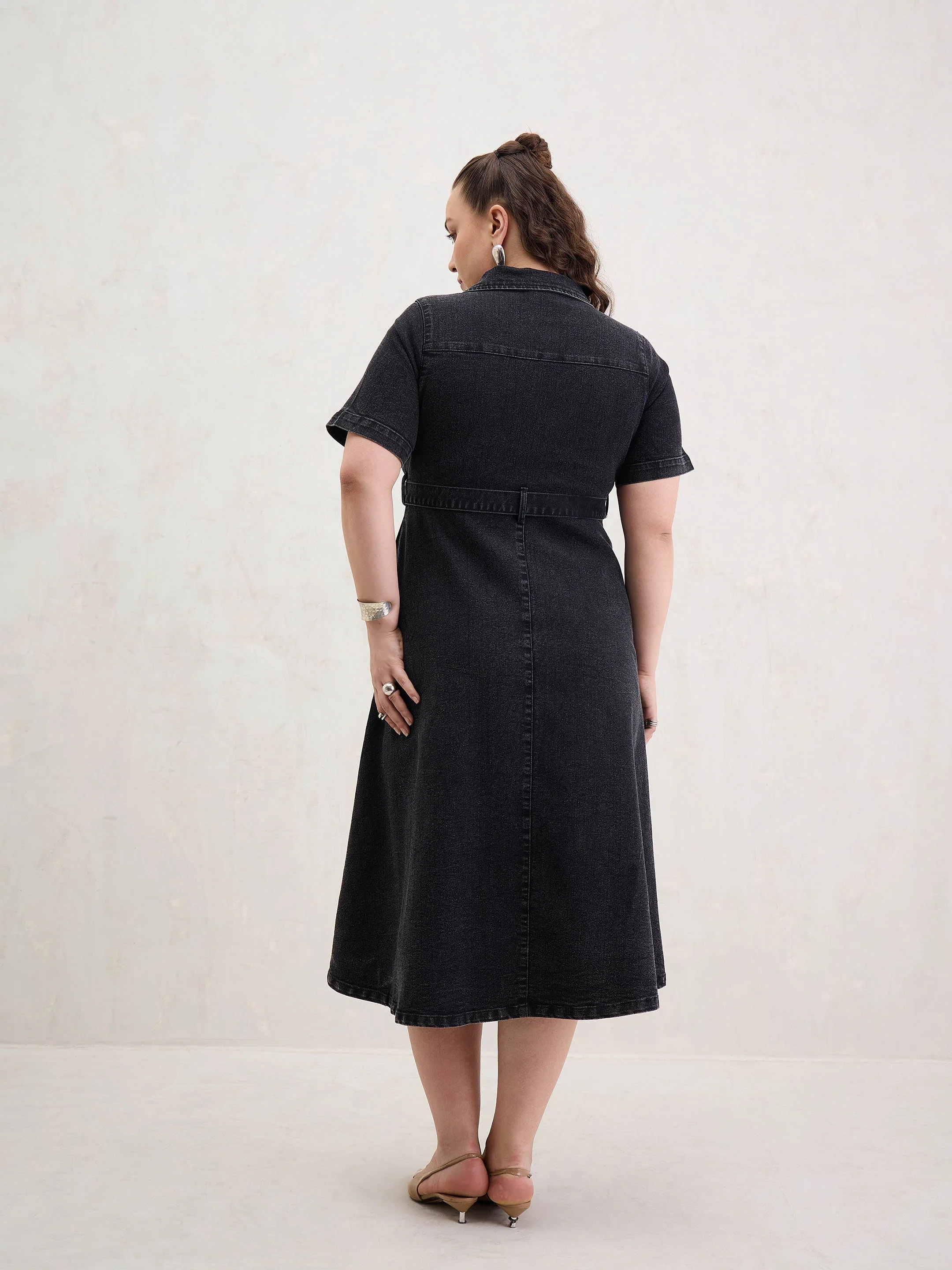 Women Black Denim Front Zipper Flared Hem Midi Dress - Image 5