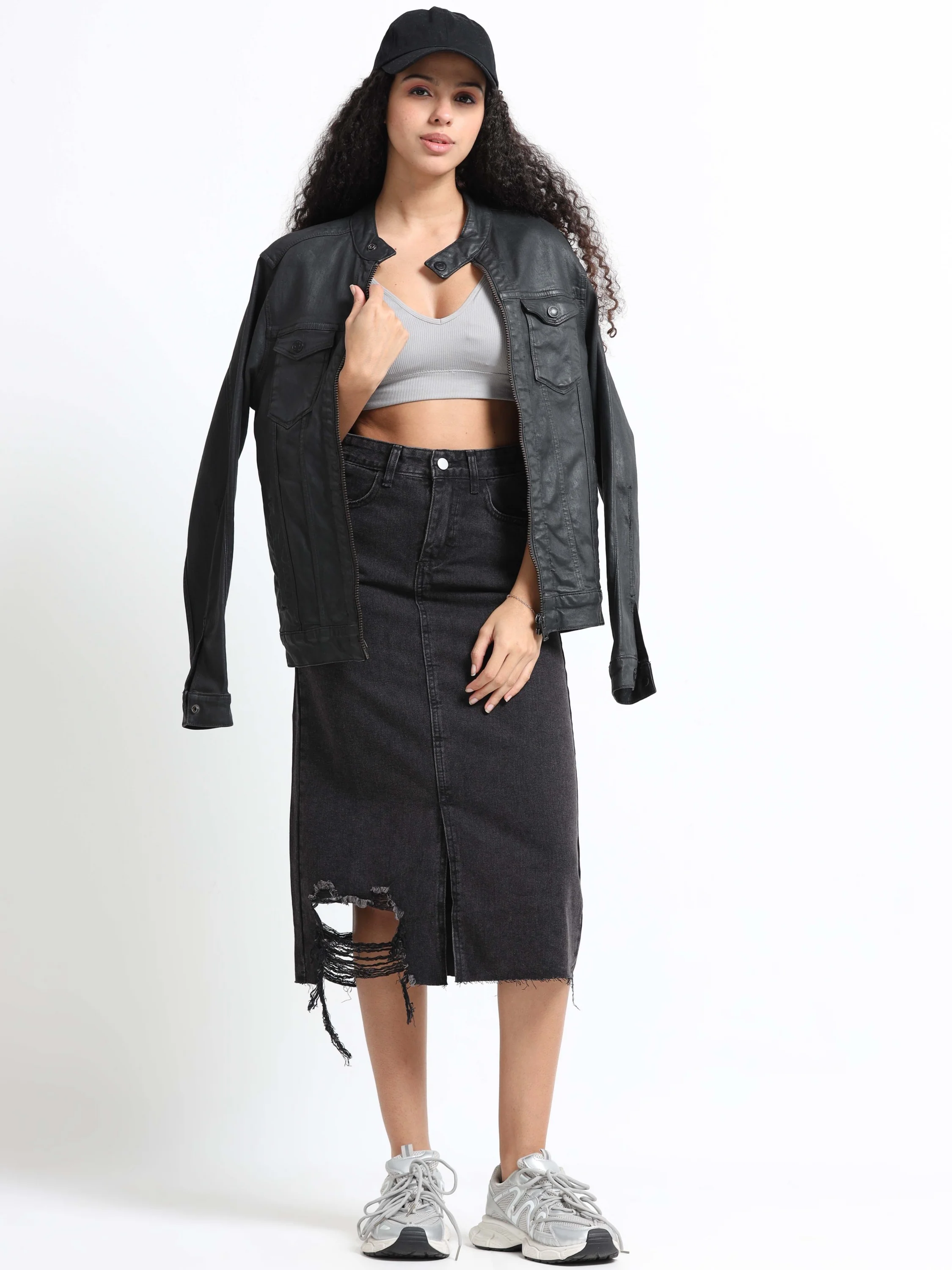 Women Black Denim Ribbed Edge Skirt - Image 2