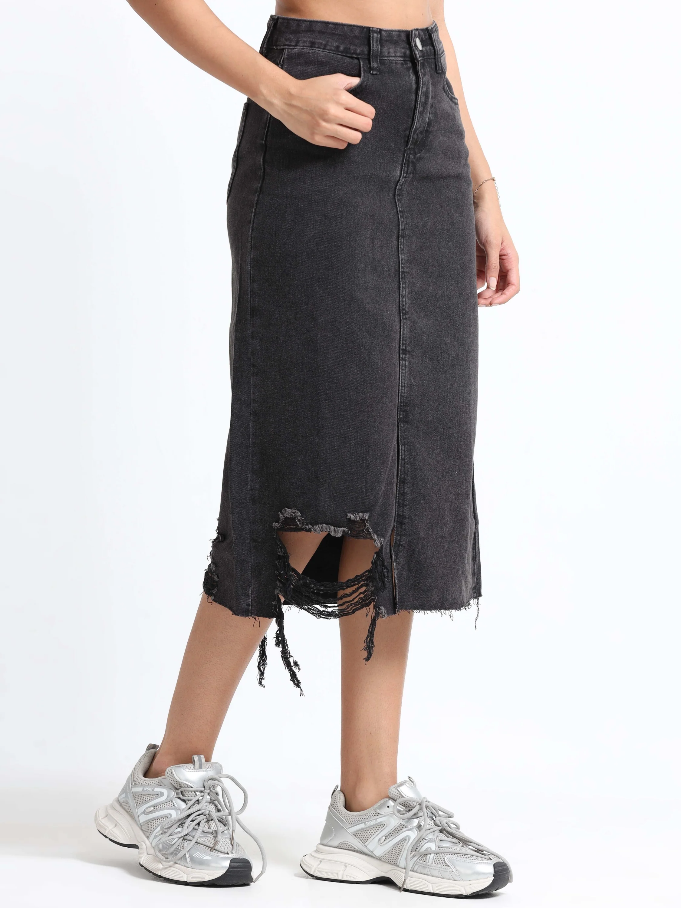Women Black Denim Ribbed Edge Skirt - Image 3