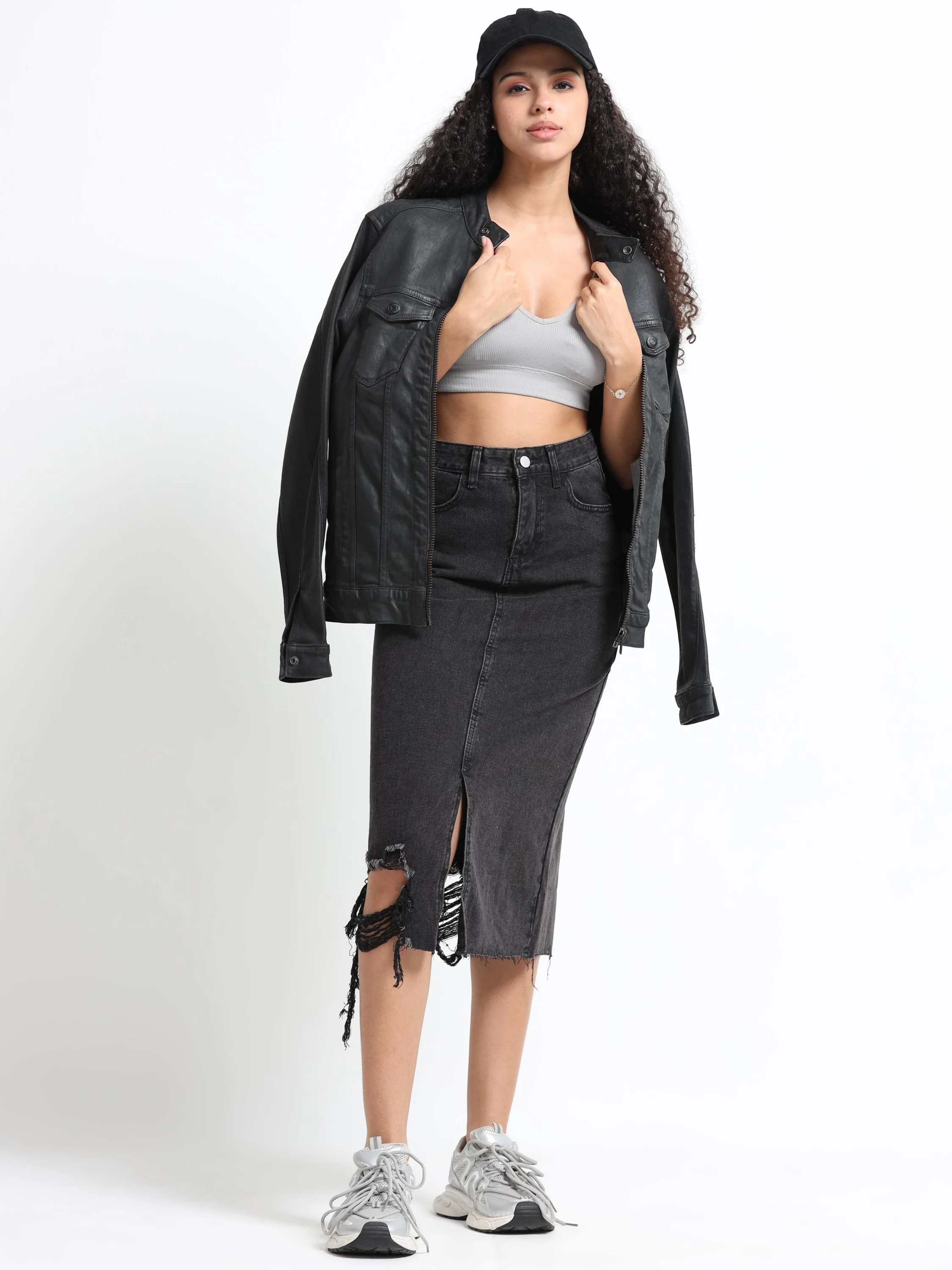 Women Black Denim Ribbed Edge Skirt - Image 7